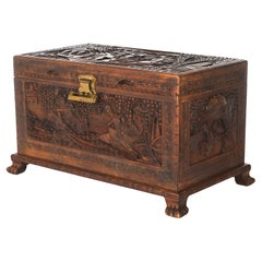 Used Chinese Hardwood Carved in Relief Chinoiserie Blanket Chest Chest C1920