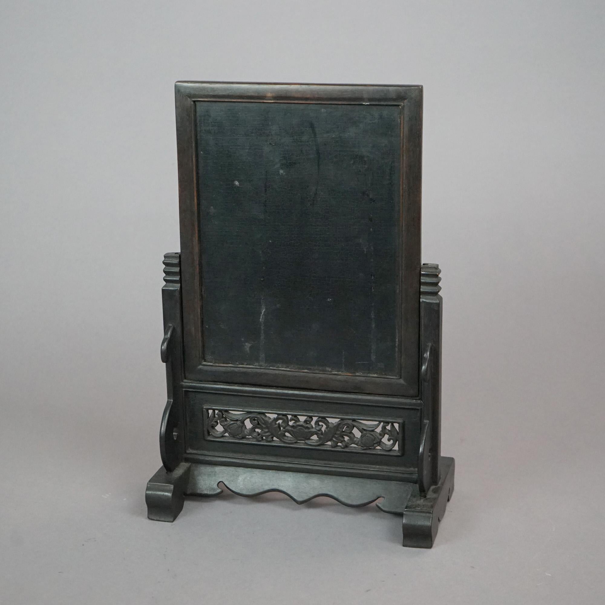 Antiker chinesischer Hartholz-Paneeltischschirm mit geschnitzten Hartsteinfiguren aus dem 19. Jahrhundert im Angebot 1