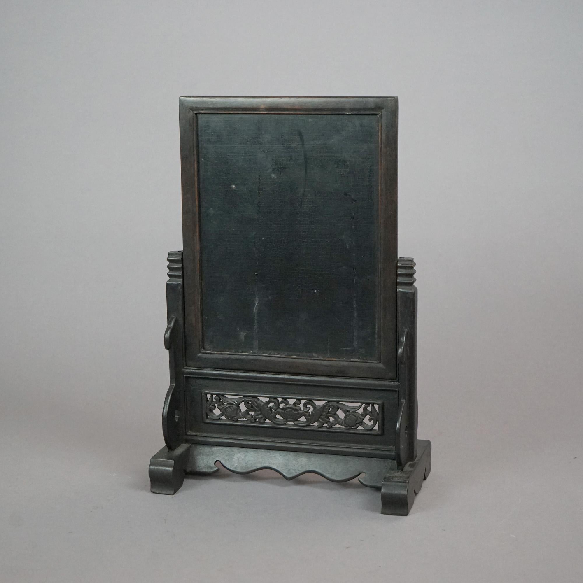 Antiker chinesischer Hartholz-Paneeltischschirm mit geschnitzten Hartsteinfiguren aus dem 19. Jahrhundert im Angebot 2
