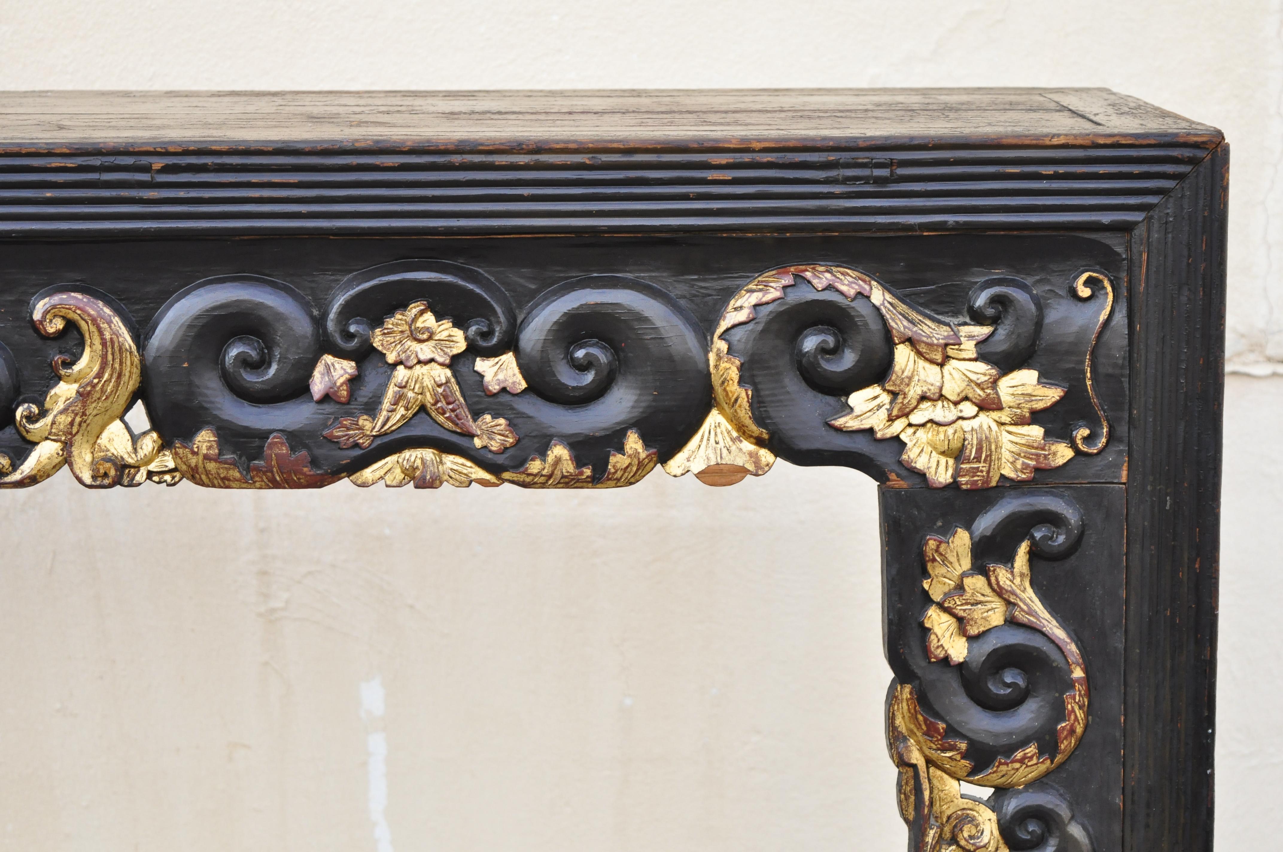 Chinoiserie Antique Chinese Hardwood Tall Altar Table Console Table Carved Gold Gilt Detail For Sale