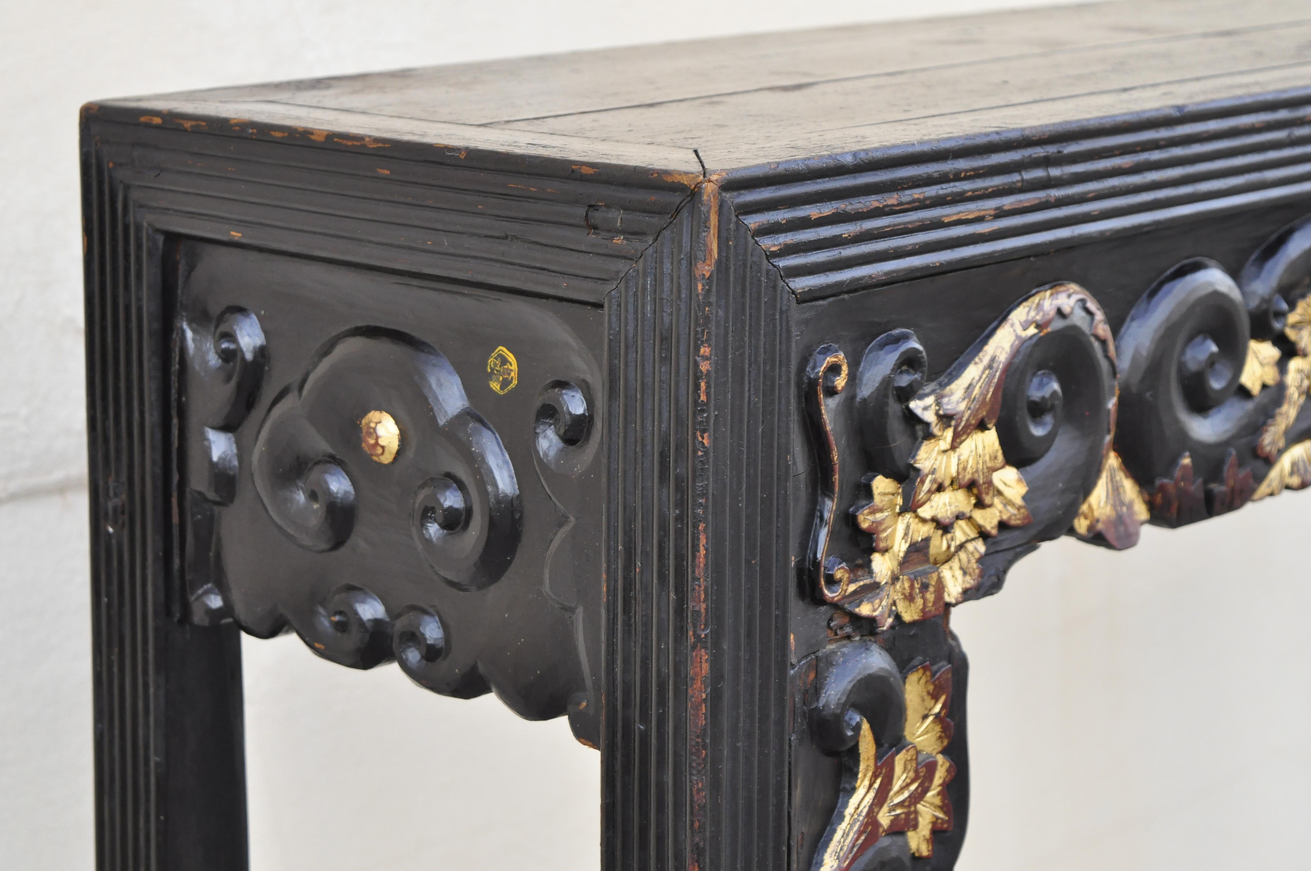 Asian Antique Chinese Hardwood Tall Altar Table Console Table Carved Gold Gilt Detail For Sale