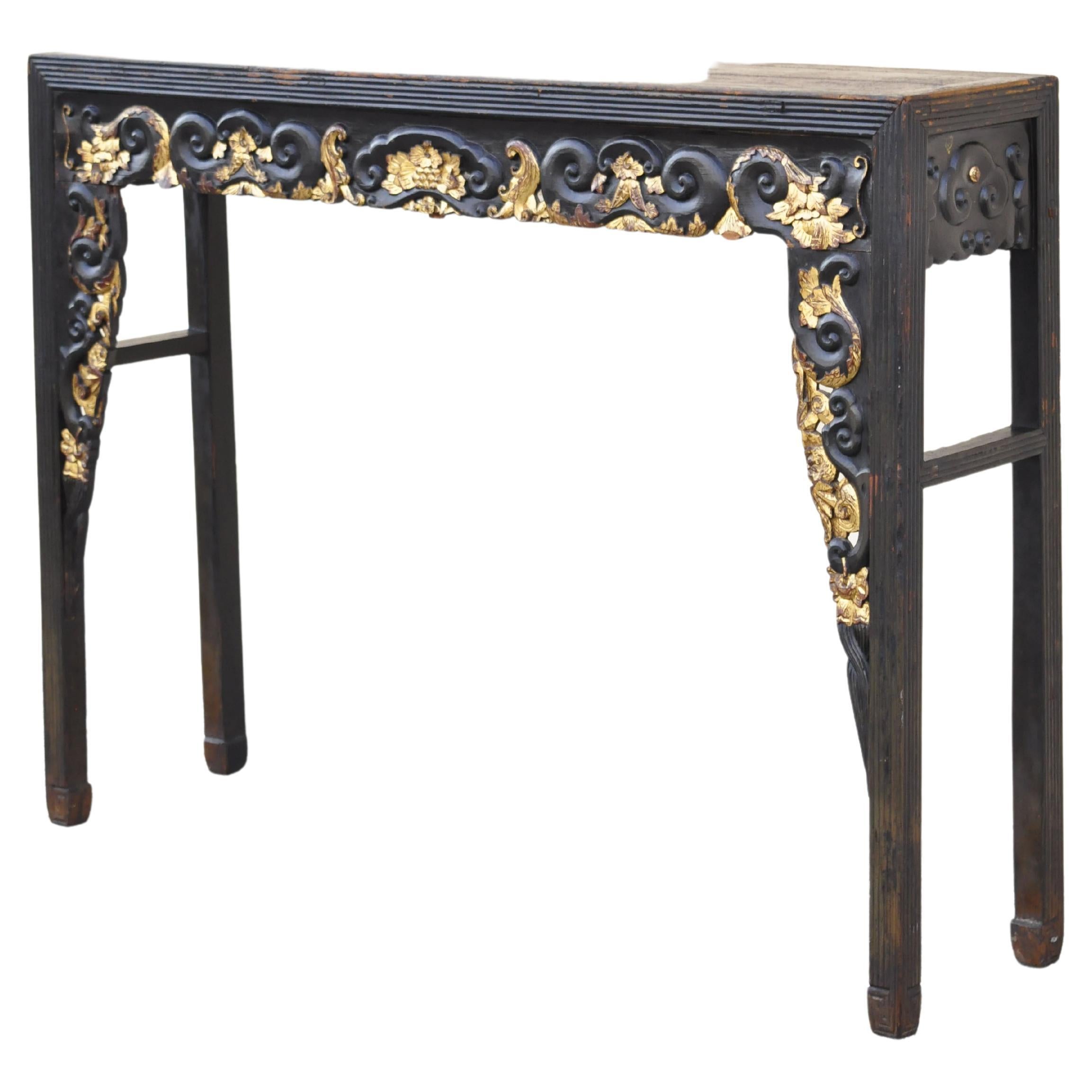 Antique Chinese Hardwood Tall Altar Table Console Table Carved Gold Gilt Detail For Sale