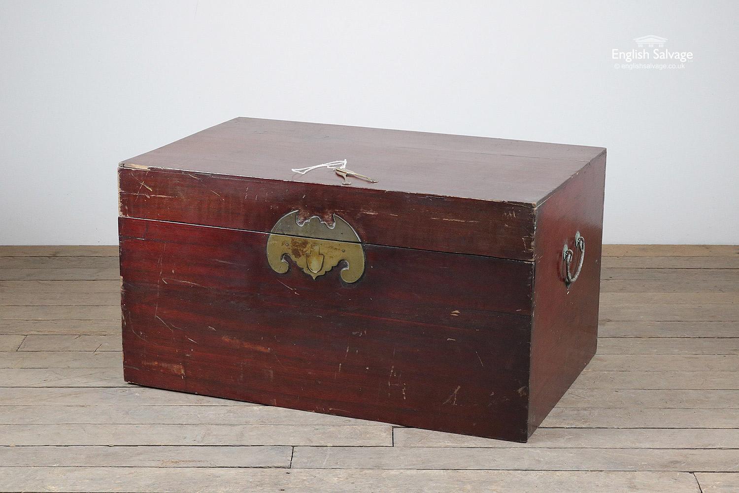 Lovely antique Chinese trunk / chest / box with removable, lockable front and keys. Dovetailed joints to sides. Brass fittings. Some loss to base and a few scuffs and scratches. A useful and attractive piece of furniture.