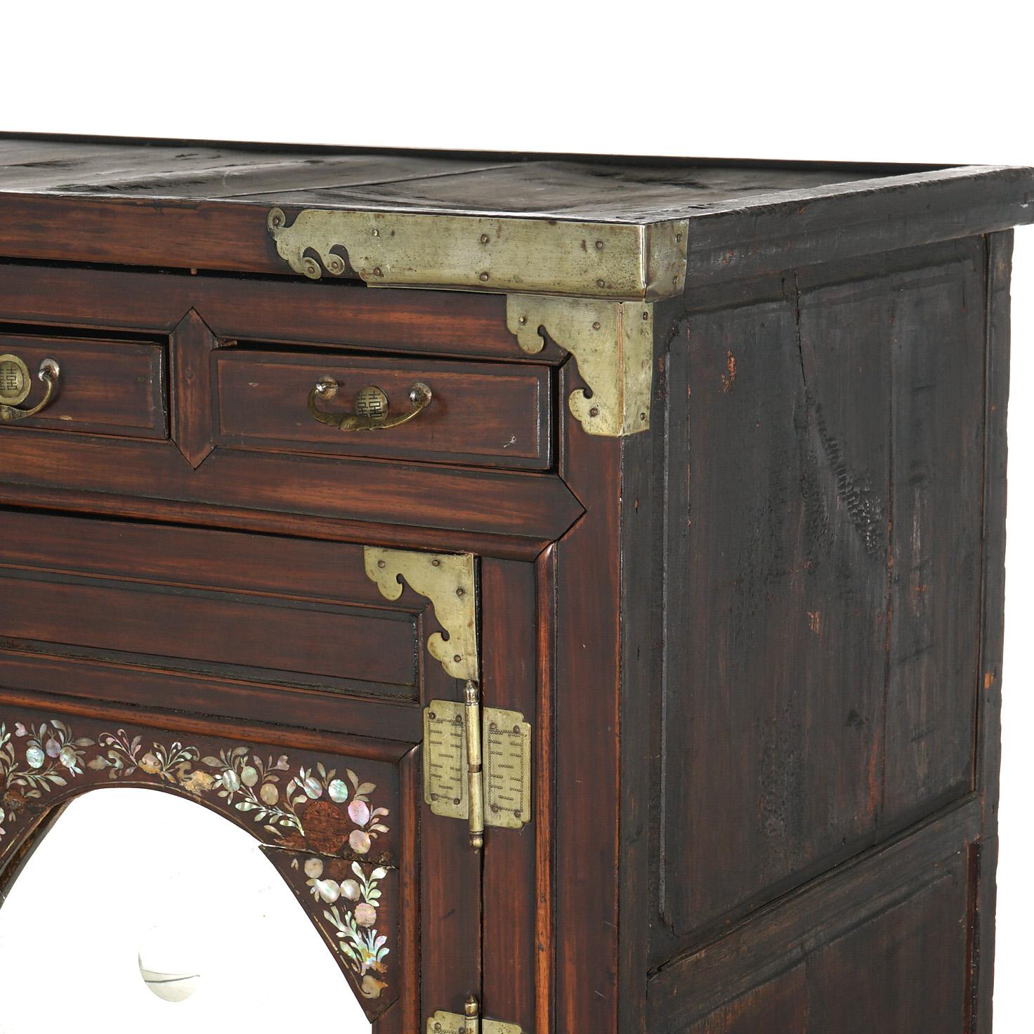 19th Century Antique Chinese Hardwood Wedding Cabinet with Mother of Pearl Inlay 19thC For Sale