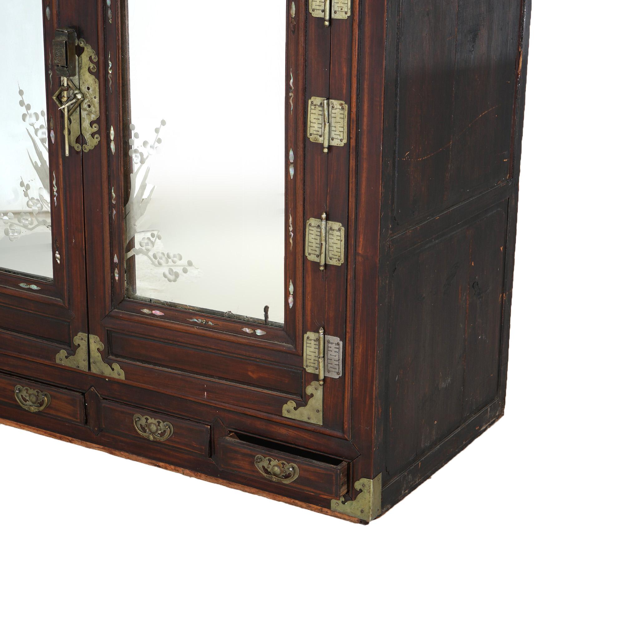 Mother-of-Pearl Antique Chinese Hardwood Wedding Cabinet with Mother of Pearl Inlay 19thC For Sale