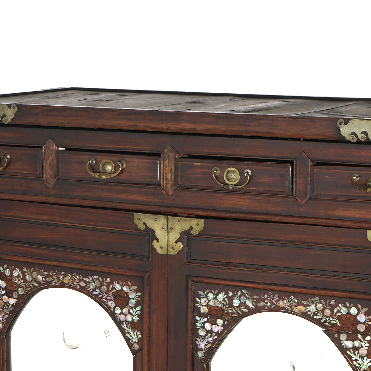 Antique Chinese Hardwood Wedding Cabinet with Mother of Pearl Inlay 19thC For Sale 2