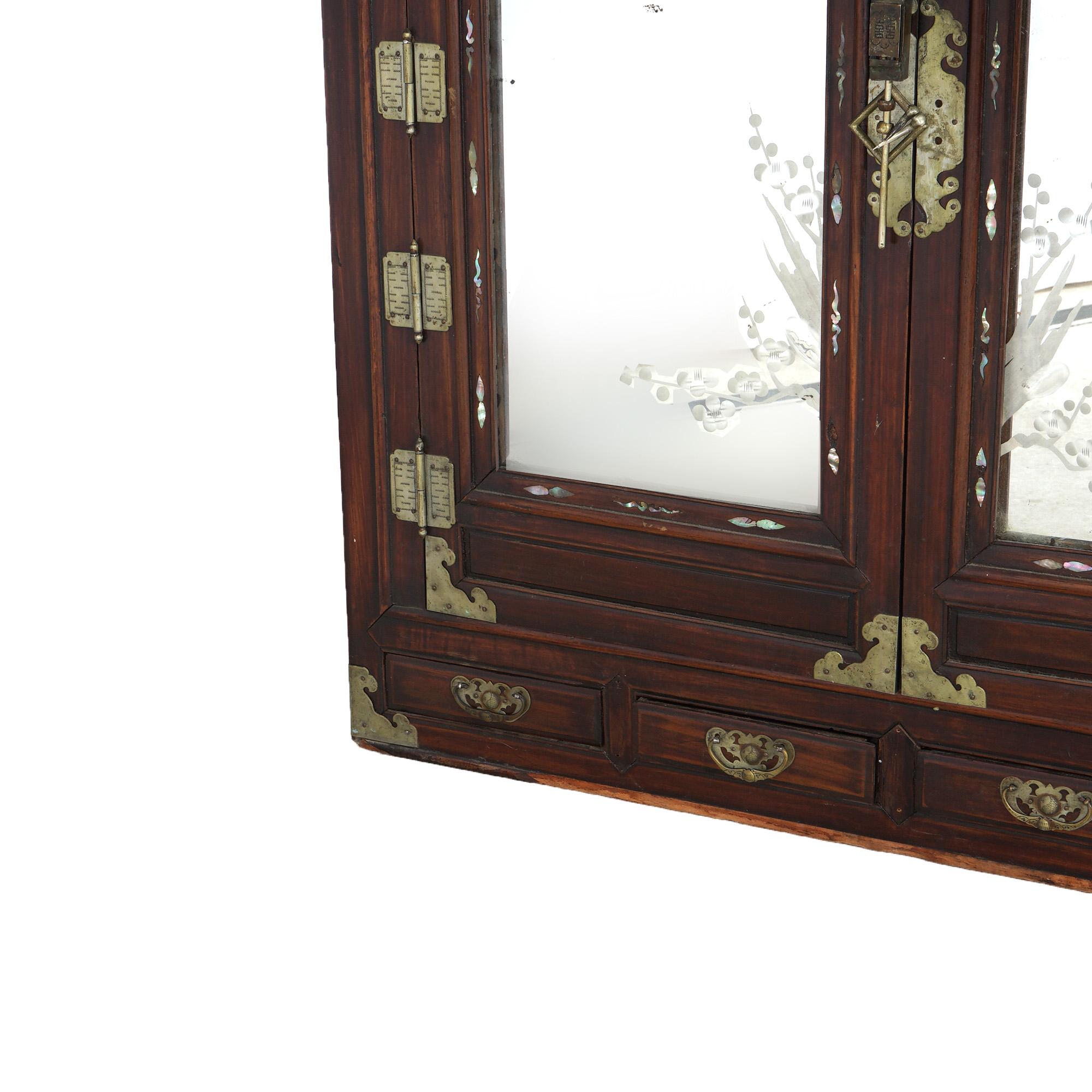 Antique Chinese Hardwood Wedding Cabinet with Mother of Pearl Inlay 19thC For Sale 3