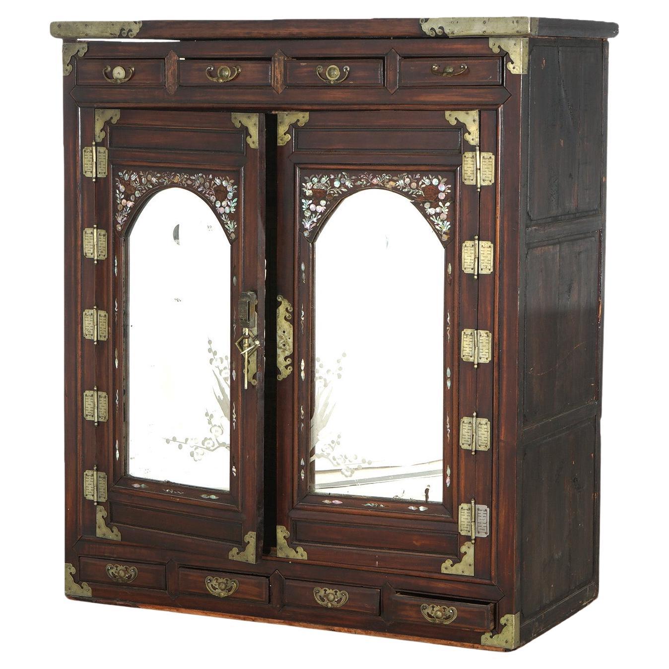 Antique Chinese Hardwood Wedding Cabinet with Mother of Pearl Inlay 19thC