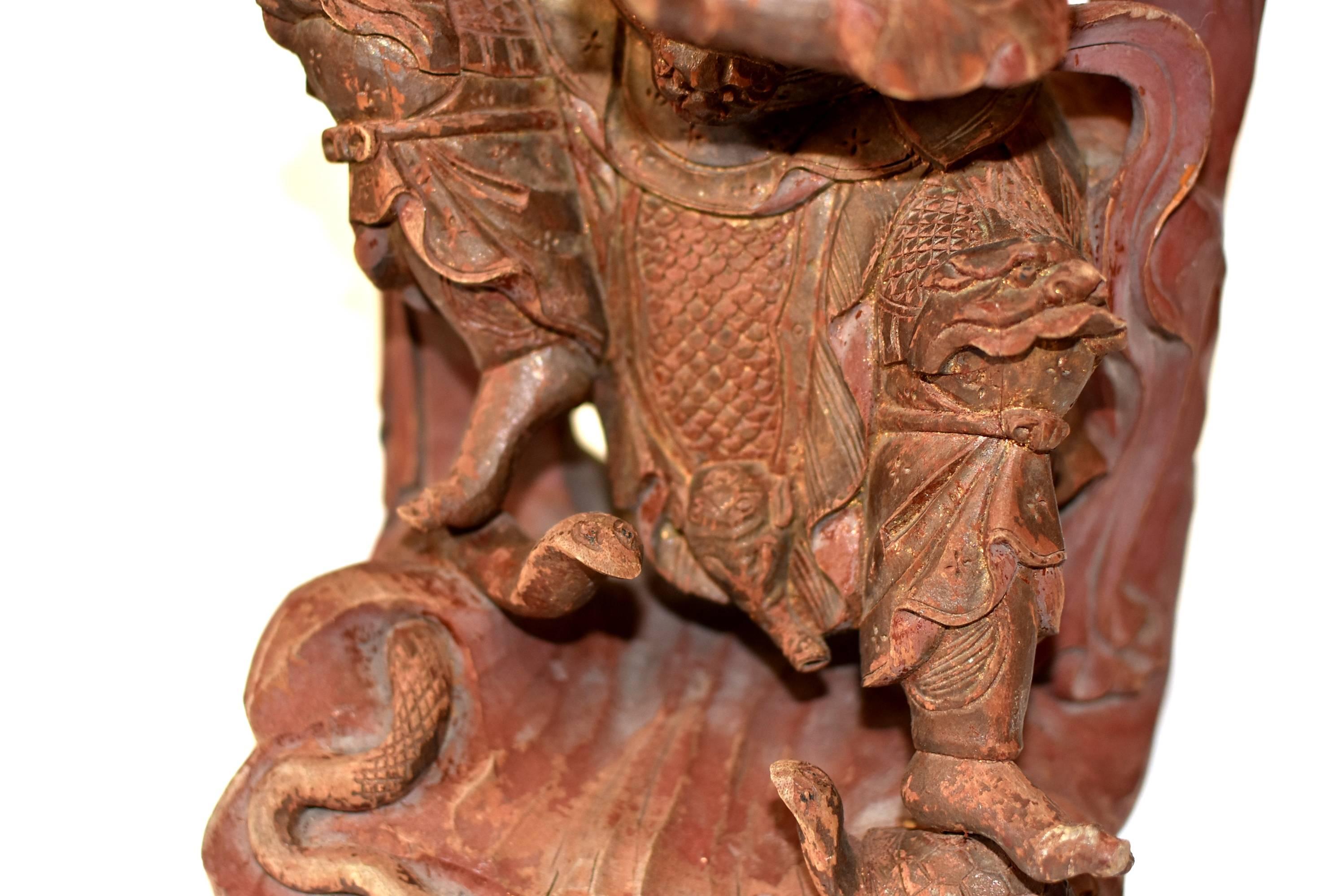 Statue ancienne du « Général du ciel » chinois, sculpture en bois gravé Excellent état à Somis, CA