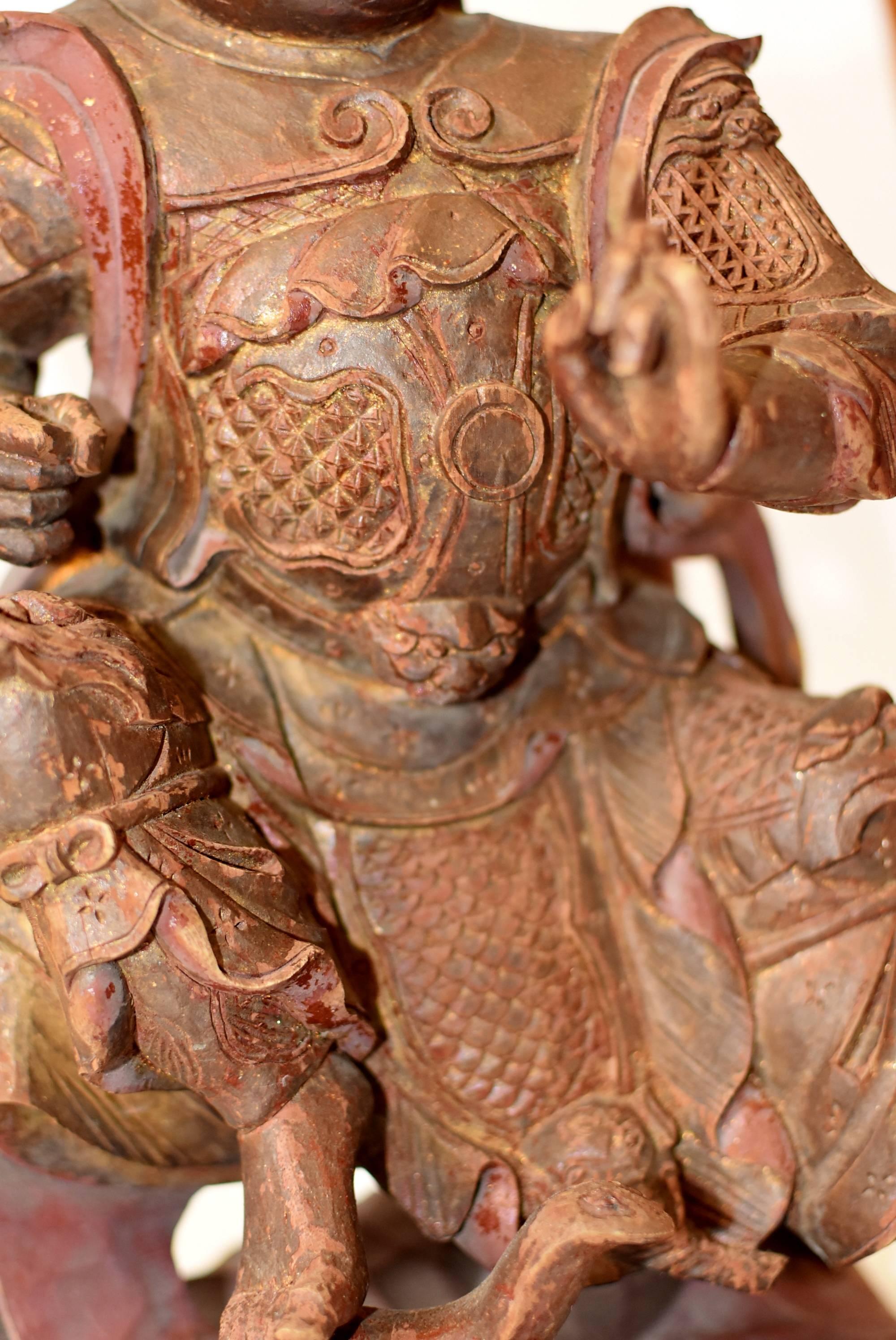 Hand-Carved Antique Chinese Heaven General Statue, Carved Wooden Sculpture For Sale