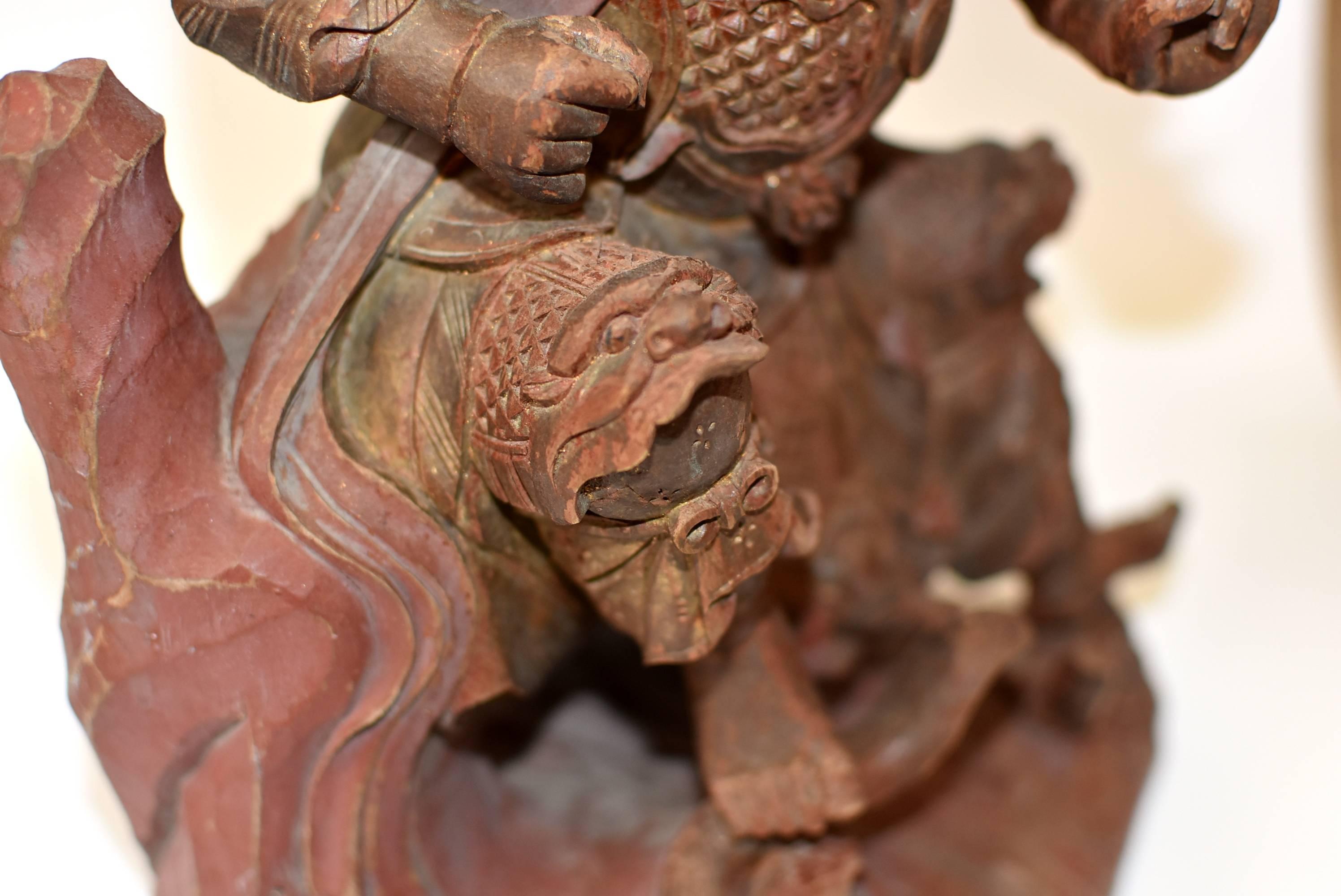 Antique Chinese Heaven General Statue, Carved Wooden Sculpture In Excellent Condition For Sale In Somis, CA