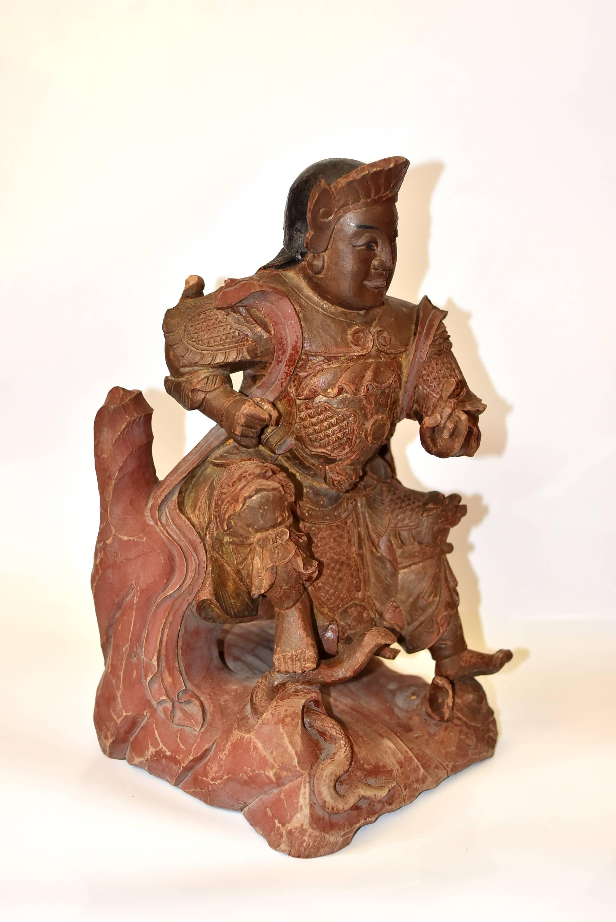 19th Century Antique Chinese Heaven General Statue, Carved Wooden Sculpture For Sale