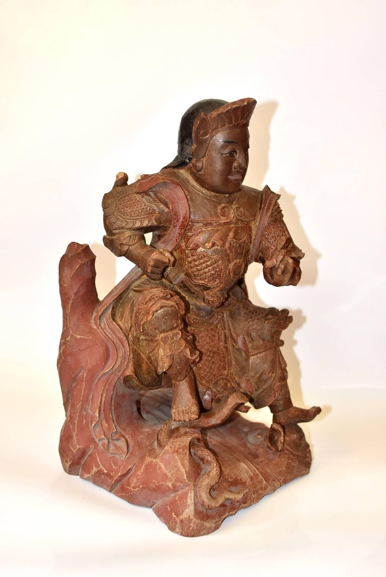 Antique Chinese Heaven General Statue, Carved Wooden Sculpture For Sale