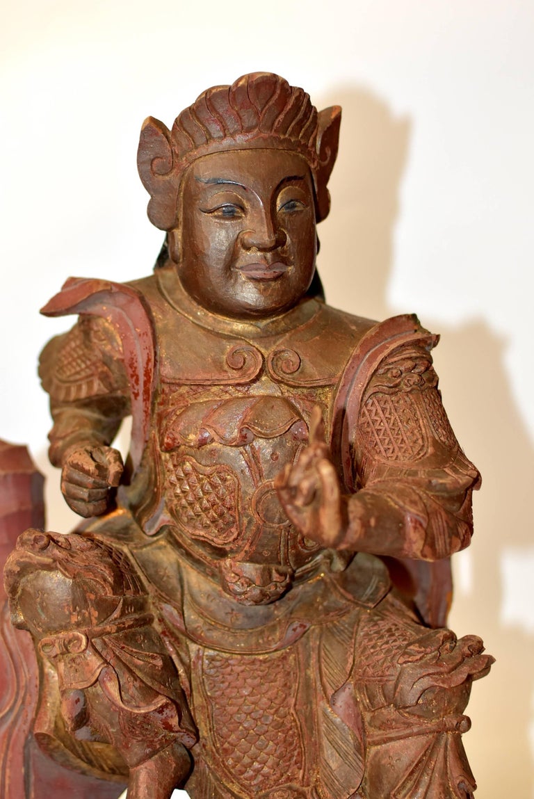 Antique Chinese Heaven General Statue, Carved Wooden Sculpture For Sale