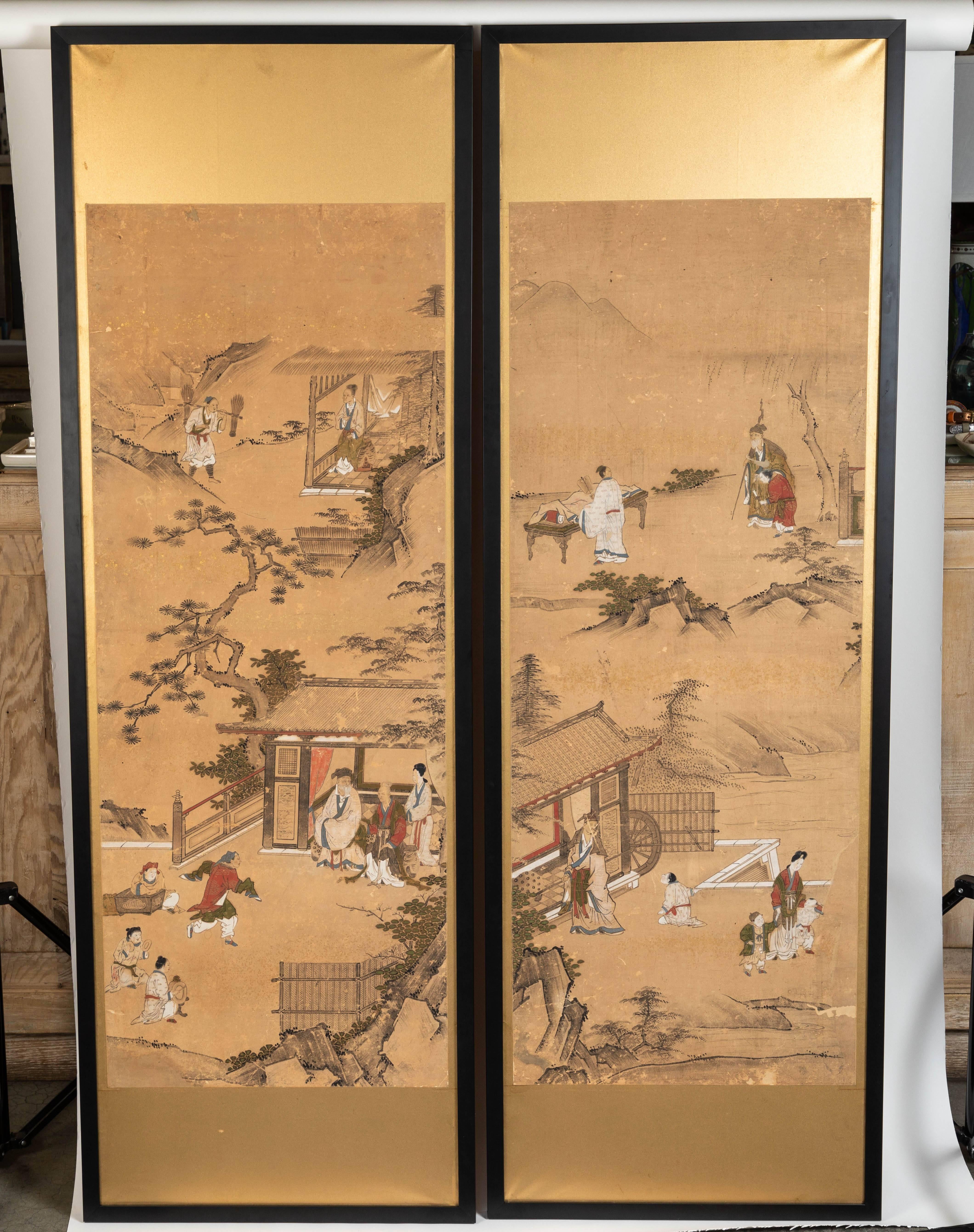 Antique Japanese screen panels hand-painted on rice paper with gold leaf, circa 1850-1860. Panels are newly framed. They depict scenes from a classical Japanese narrative. 