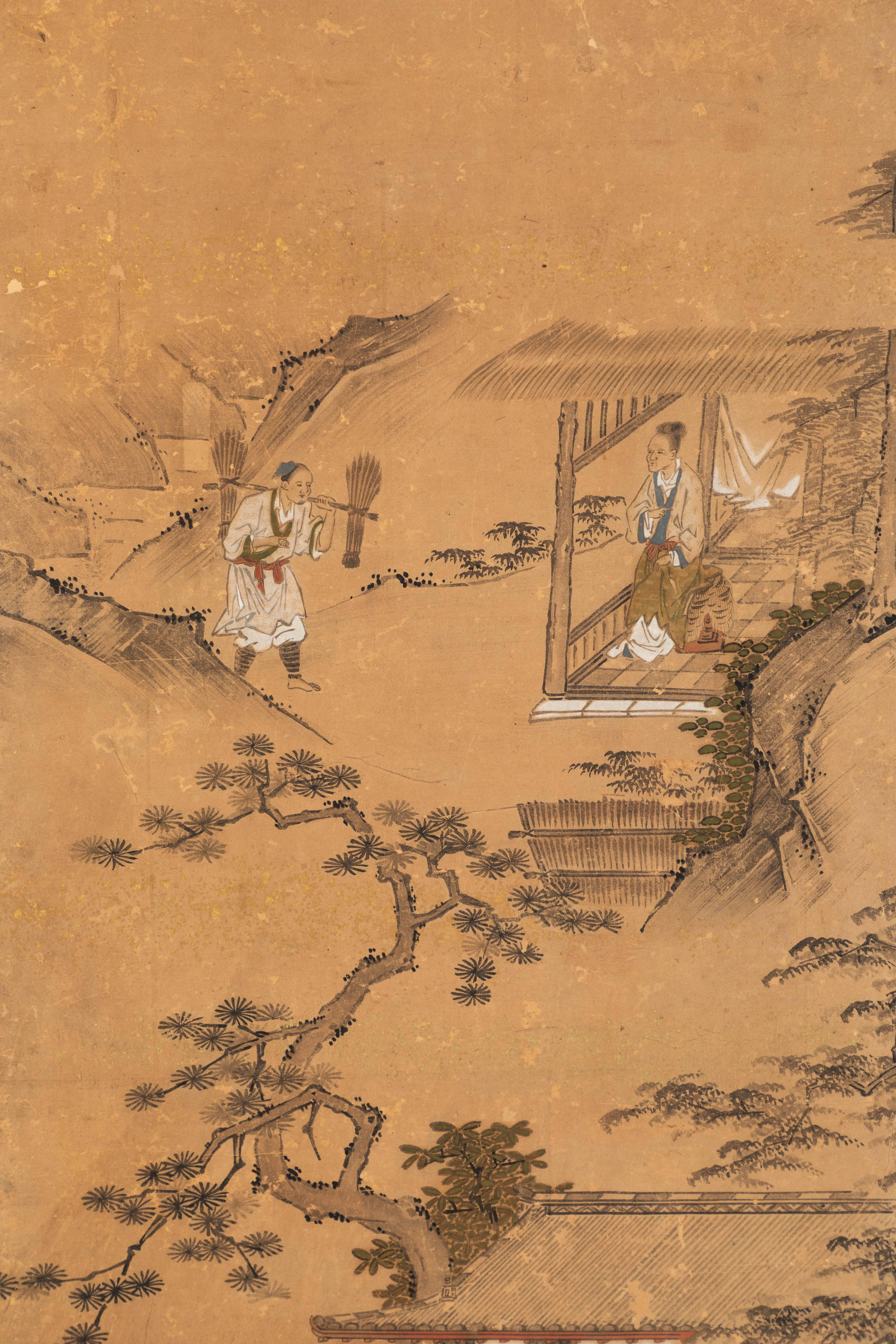 Japonais Panneaux d'écran japonais narratifs anciens sur feuille d'or:: c. 1850-60