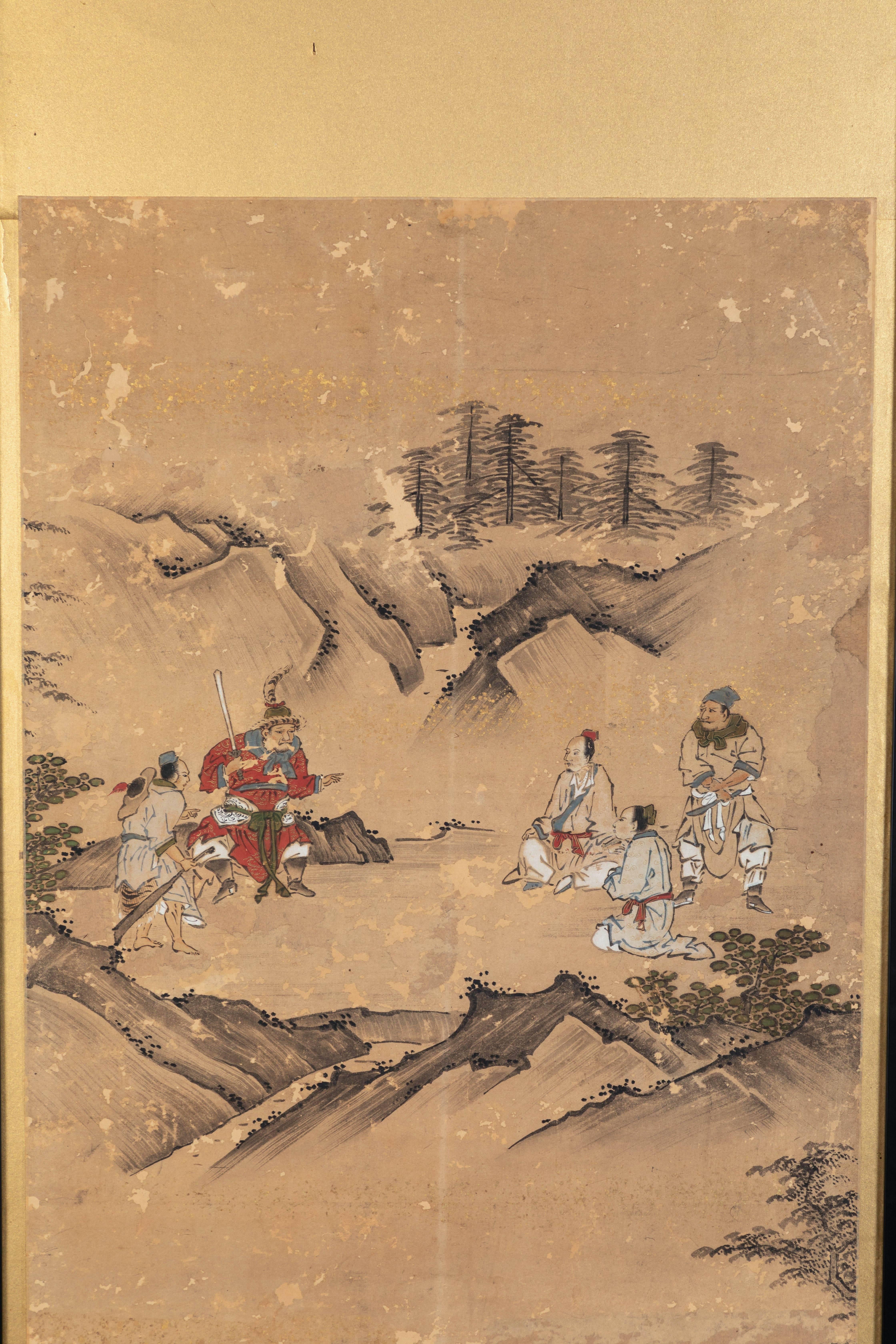 Panneaux d'écran japonais narratifs anciens sur feuille d'or:: c. 1850-60 1