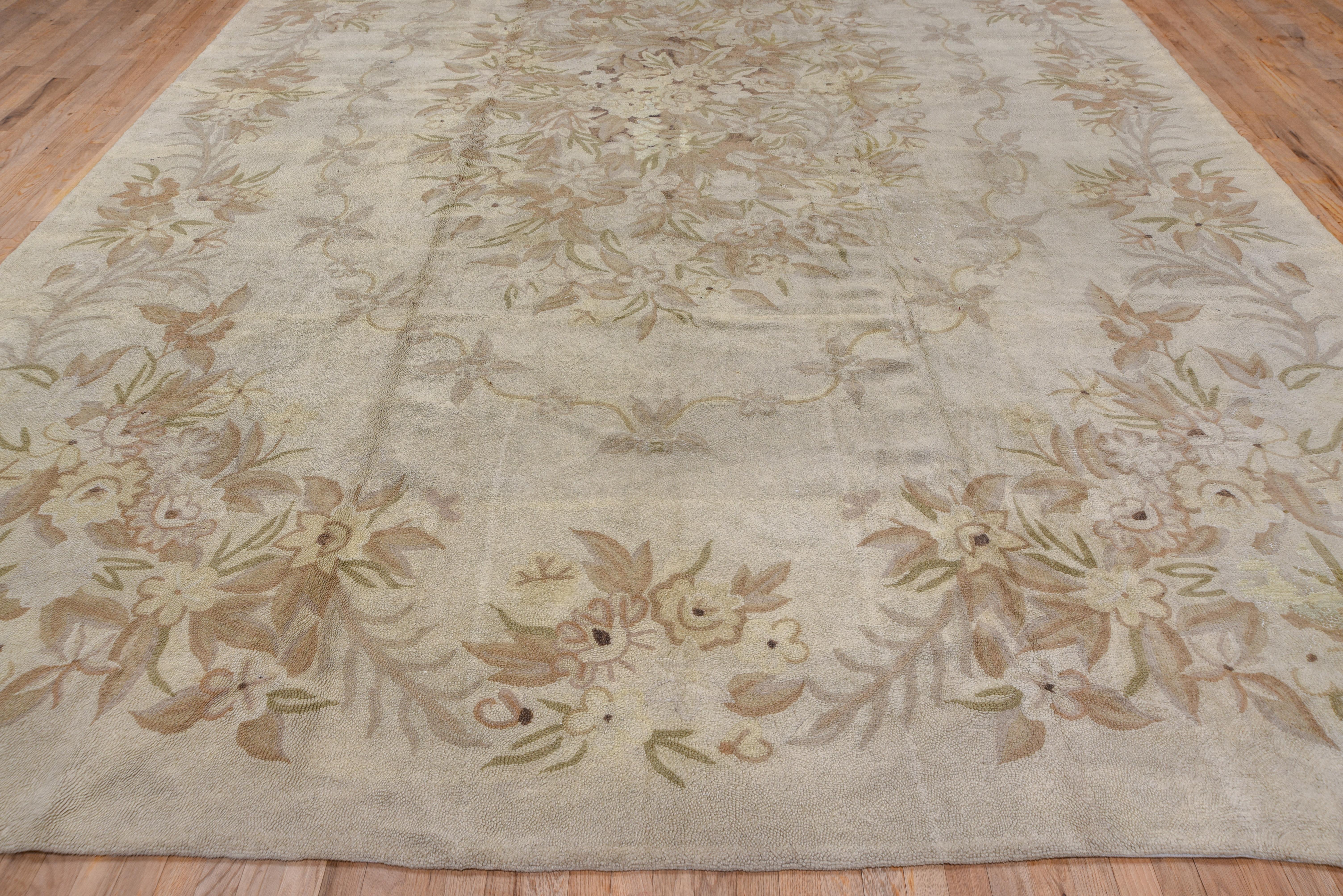 Antique Chinese Hooked Carpet with Neutral Tones, Floral Design, circa 1940s In Good Condition For Sale In New York, NY