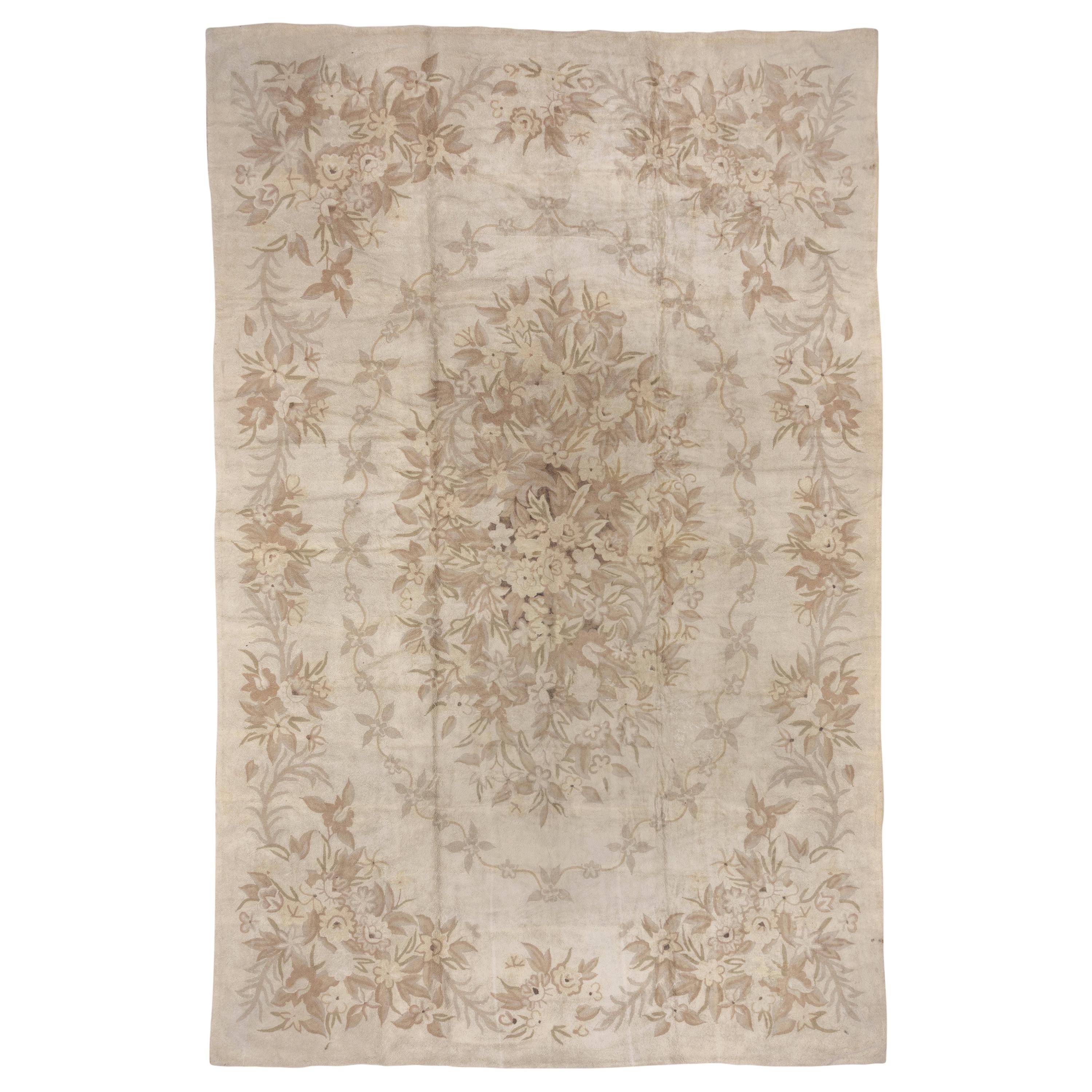 Antique Chinese Hooked Carpet with Neutral Tones, Floral Design, circa 1940s For Sale