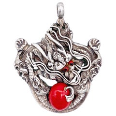 Antique Chinese Horoscope Silver Glass Dragon Pendant Necklace Good Luck
