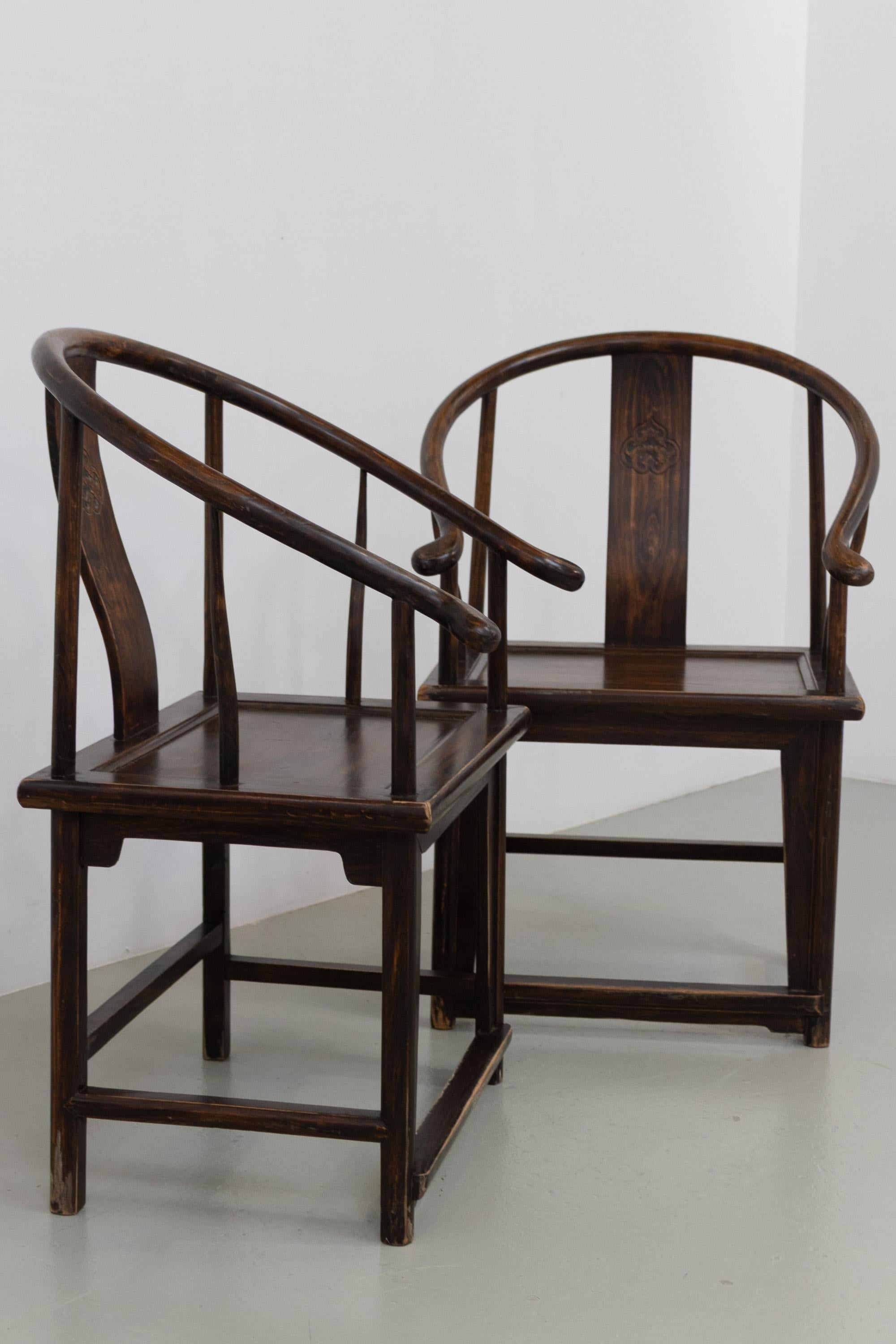 Chinese Export Antique Chinese Horseshoe Armchairs, 1890s. Set of 2. For Sale