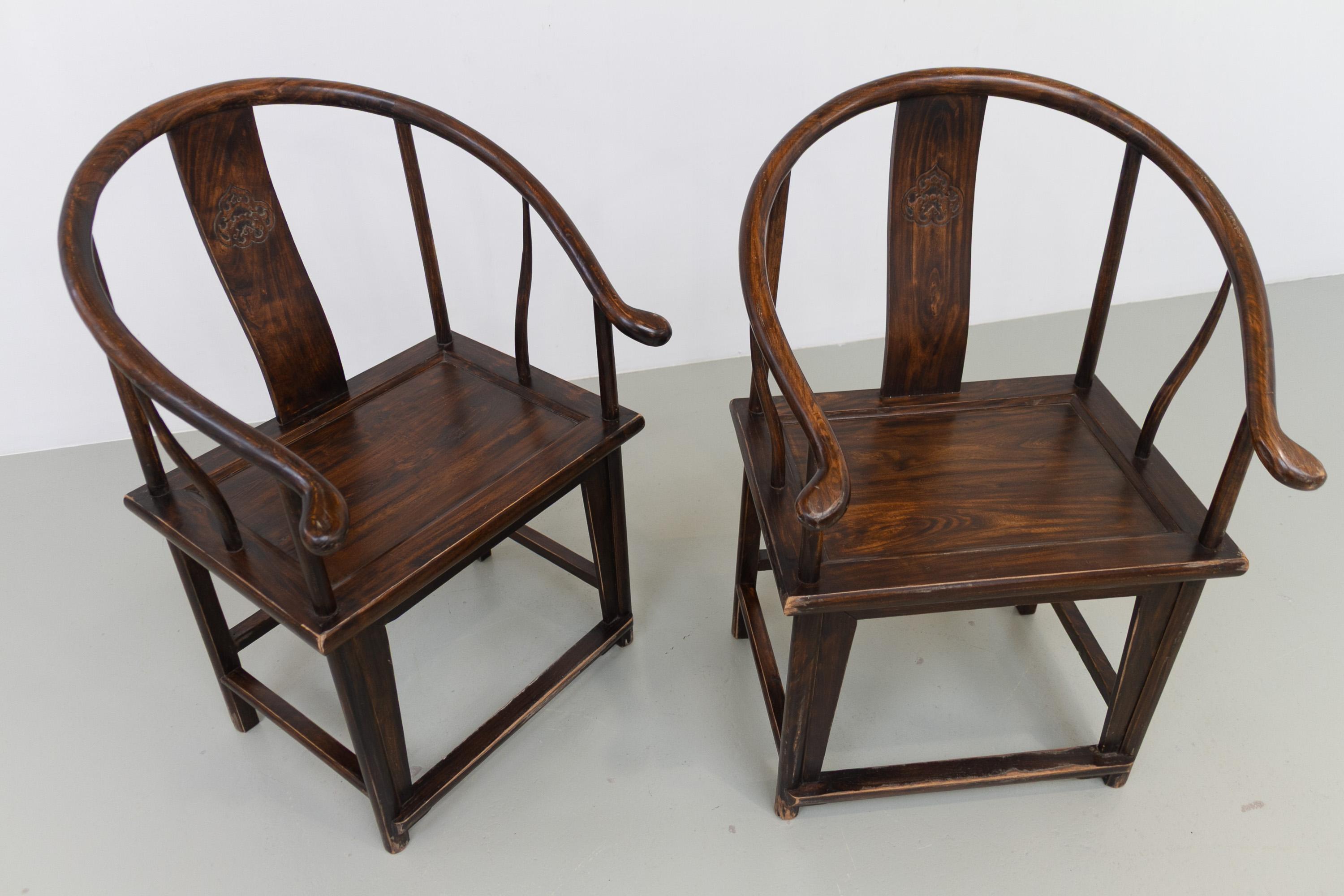 Antique Chinese Horseshoe Armchairs, 1890s. Set of 2. For Sale 1
