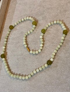 Antique Chinese Icy Jade Opera Necklace with Carved Melon Beads, 15ct Gold Clasp
