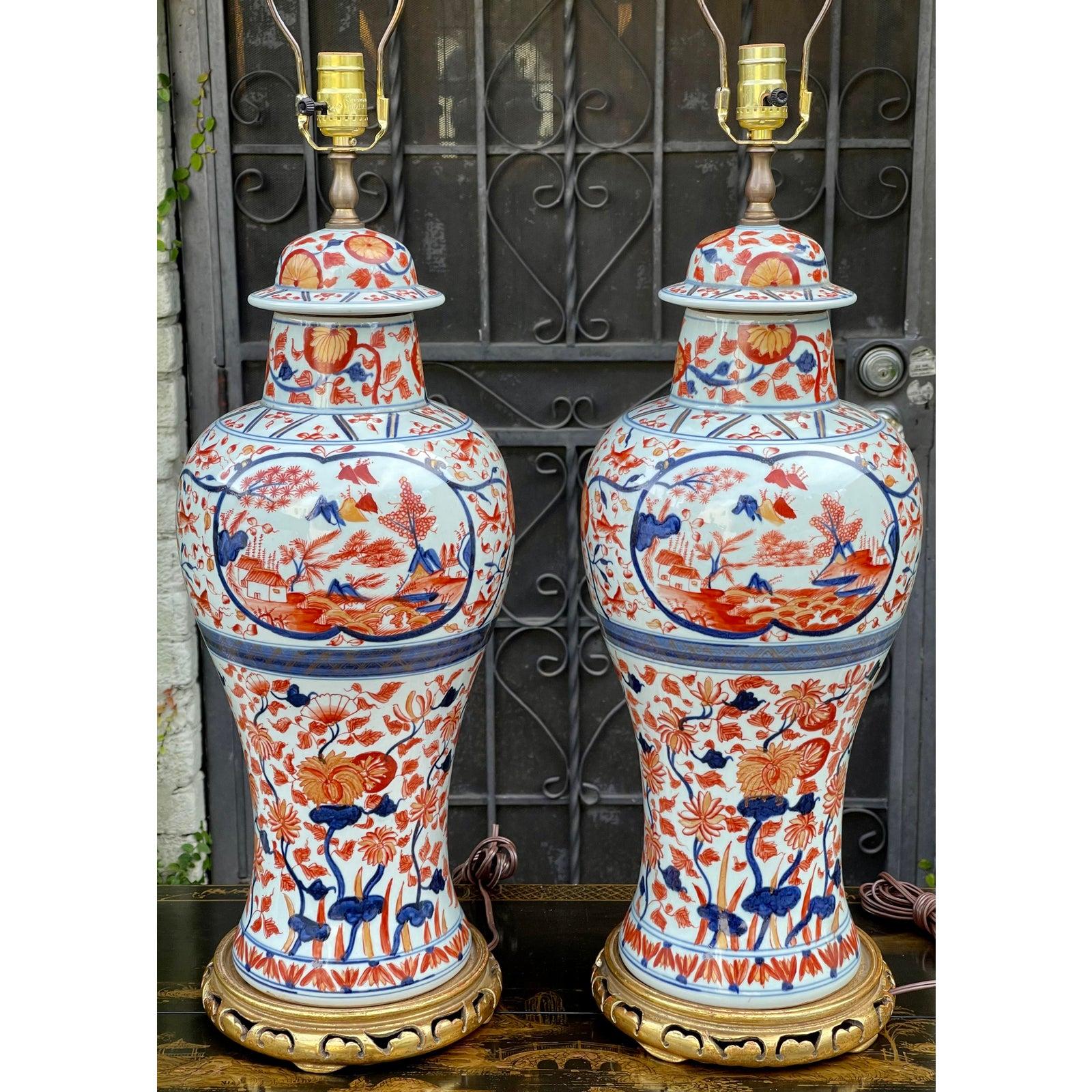 Antique Chinese Imari Pottery Kangxi Jar Designer Lamps, a Pair In Good Condition In LOS ANGELES, CA