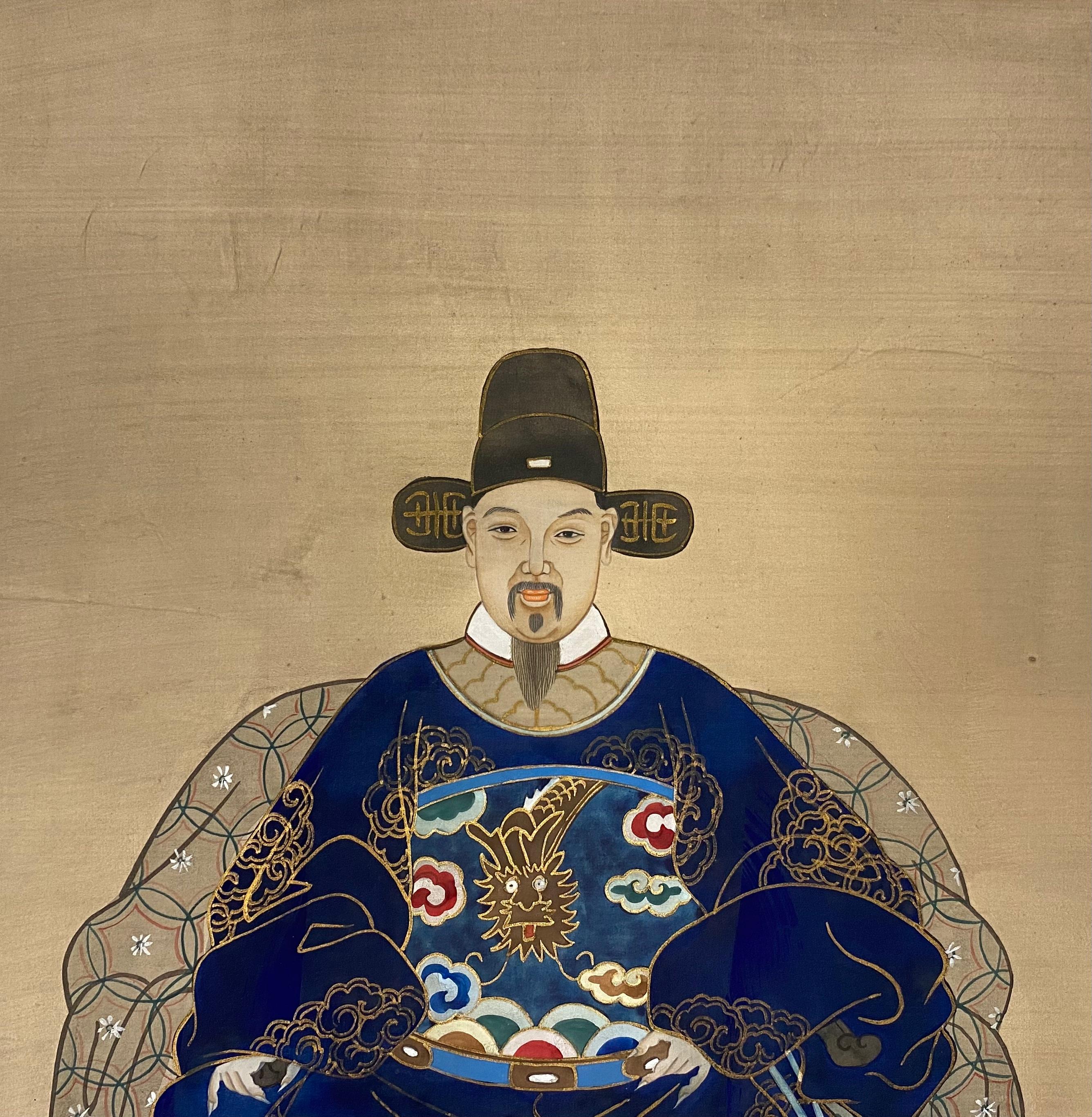 Antique 19th century painting on silk depicting a Ming Dynasty Chinese emperor.

Beautifully executed with great details.  Hand-painted original work, presented in a beautiful frame.  

Chinese artisans traditionally made silk paintings.