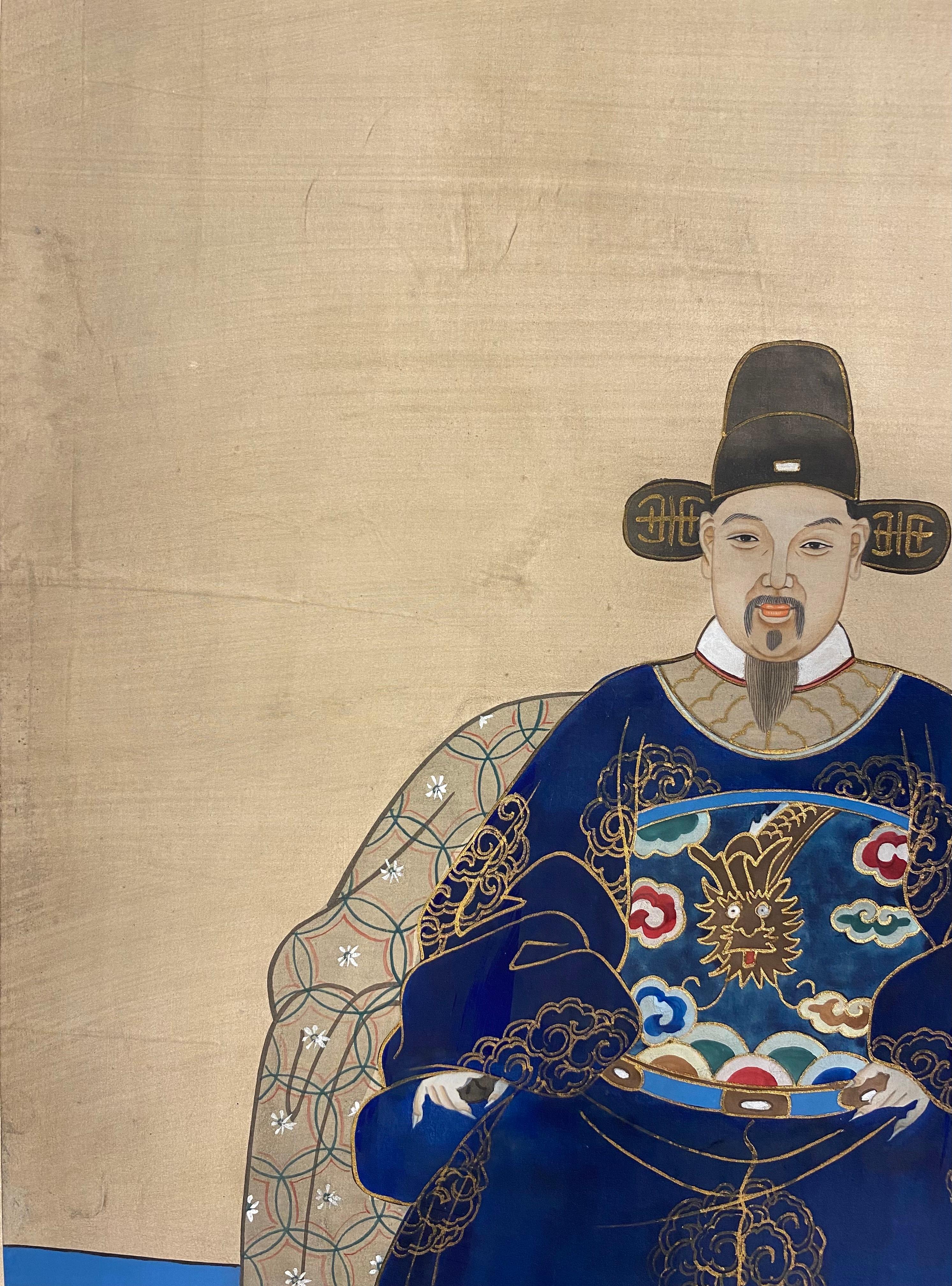 Doré Ancienne peinture d'empereur imprial chinois sur soie, ancien empereur en vente