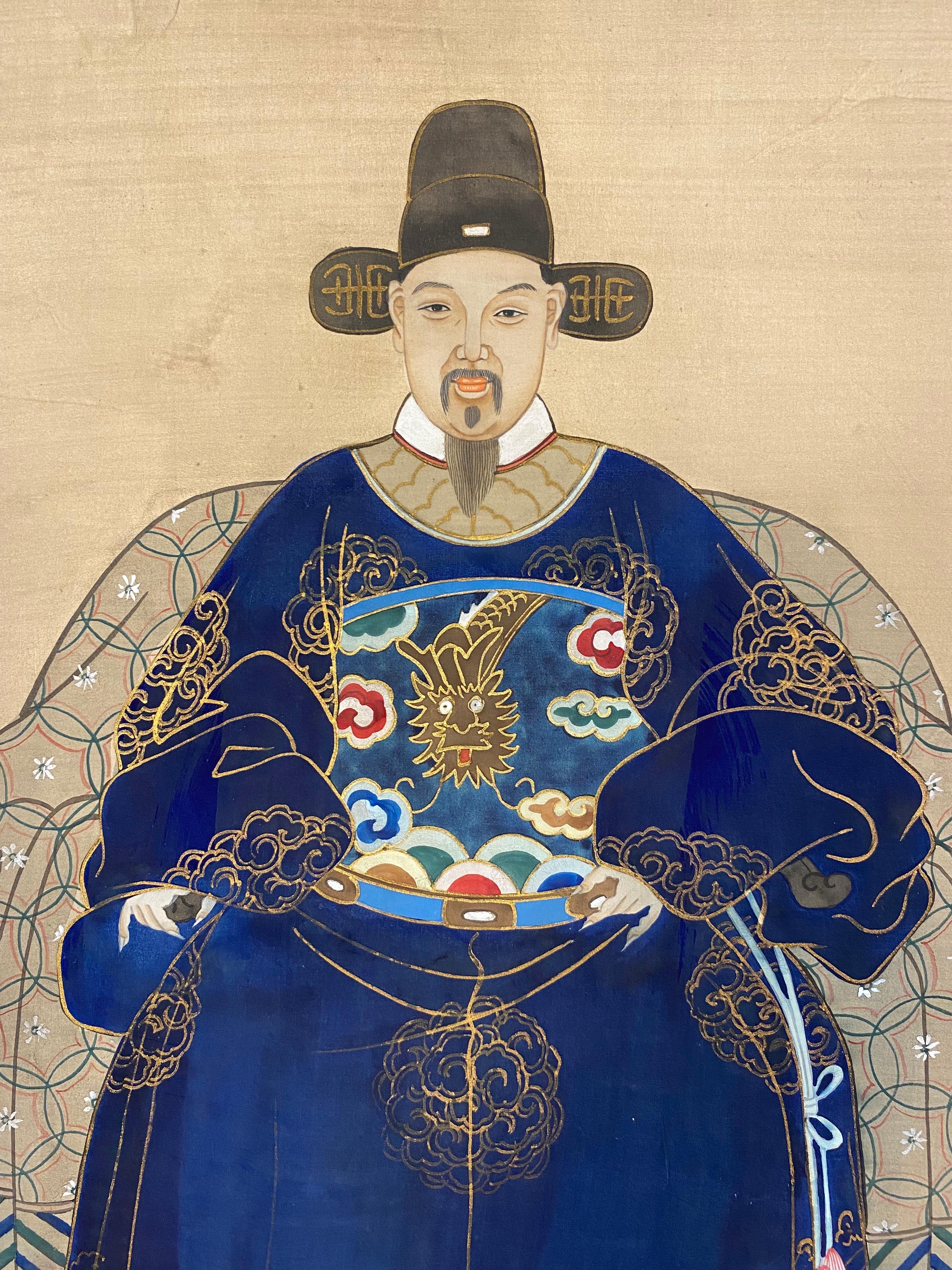 Ancienne peinture d'empereur imprial chinois sur soie, ancien empereur Bon état - En vente à Miami, FL