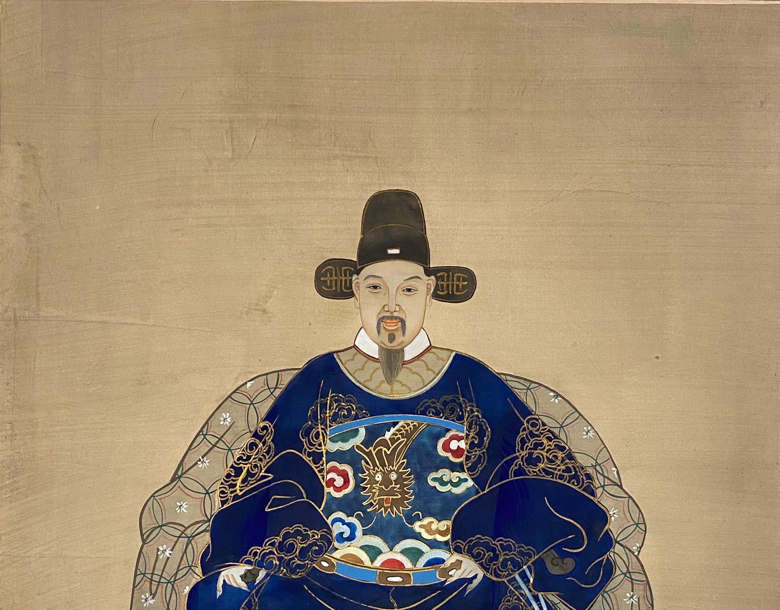 XIXe siècle Ancienne peinture d'empereur imprial chinois sur soie, ancien empereur en vente