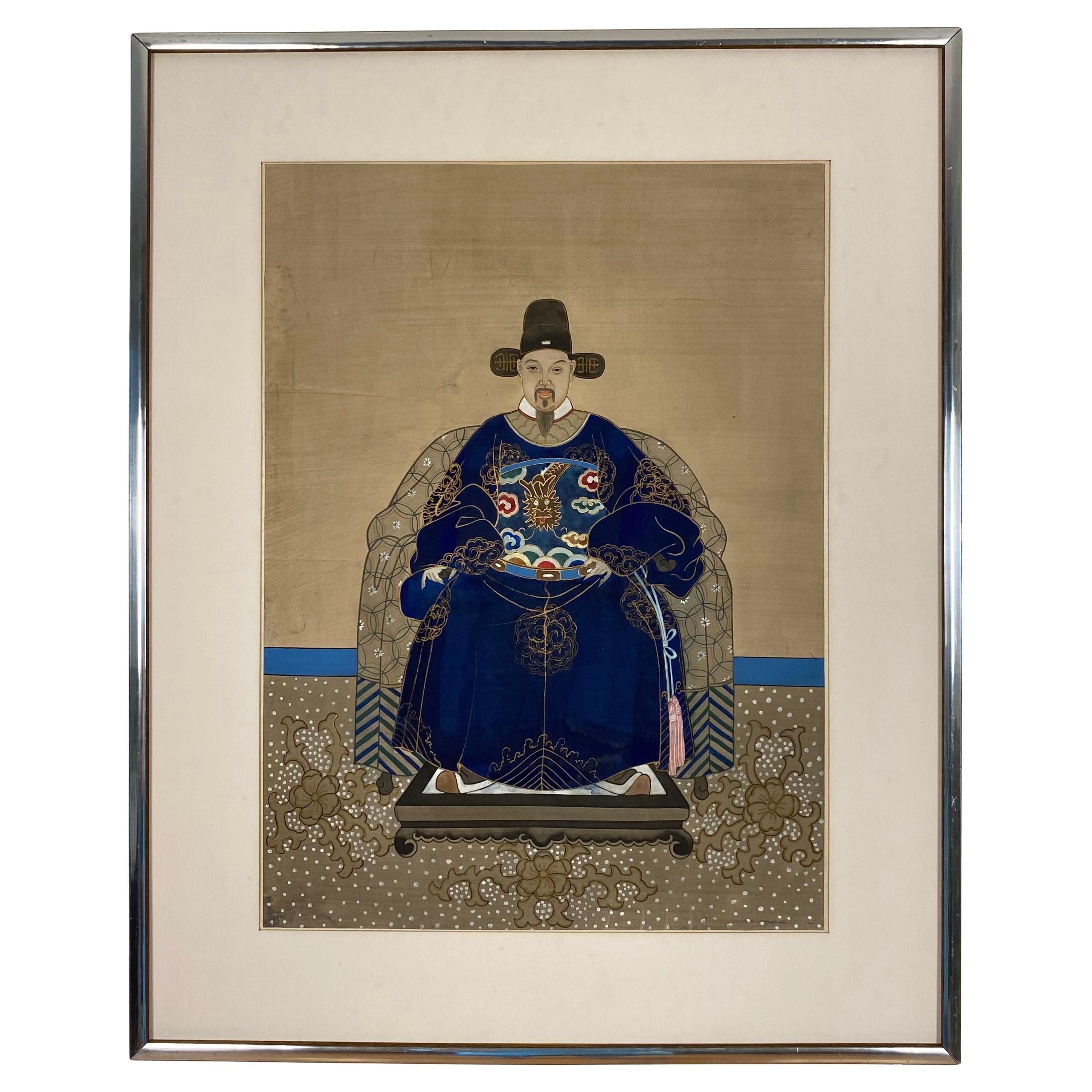 Antiguo cuadro imperial chino Emperador Ancestral sobre seda en venta