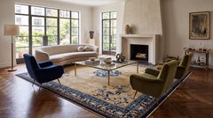 Antique Chinese Imperial-Style Dragon & Fretwork Wool Rug with Indigo Accents