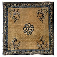 Antique Chinese Imperial-Style Dragon & Fretwork Wool Rug with Indigo Accents