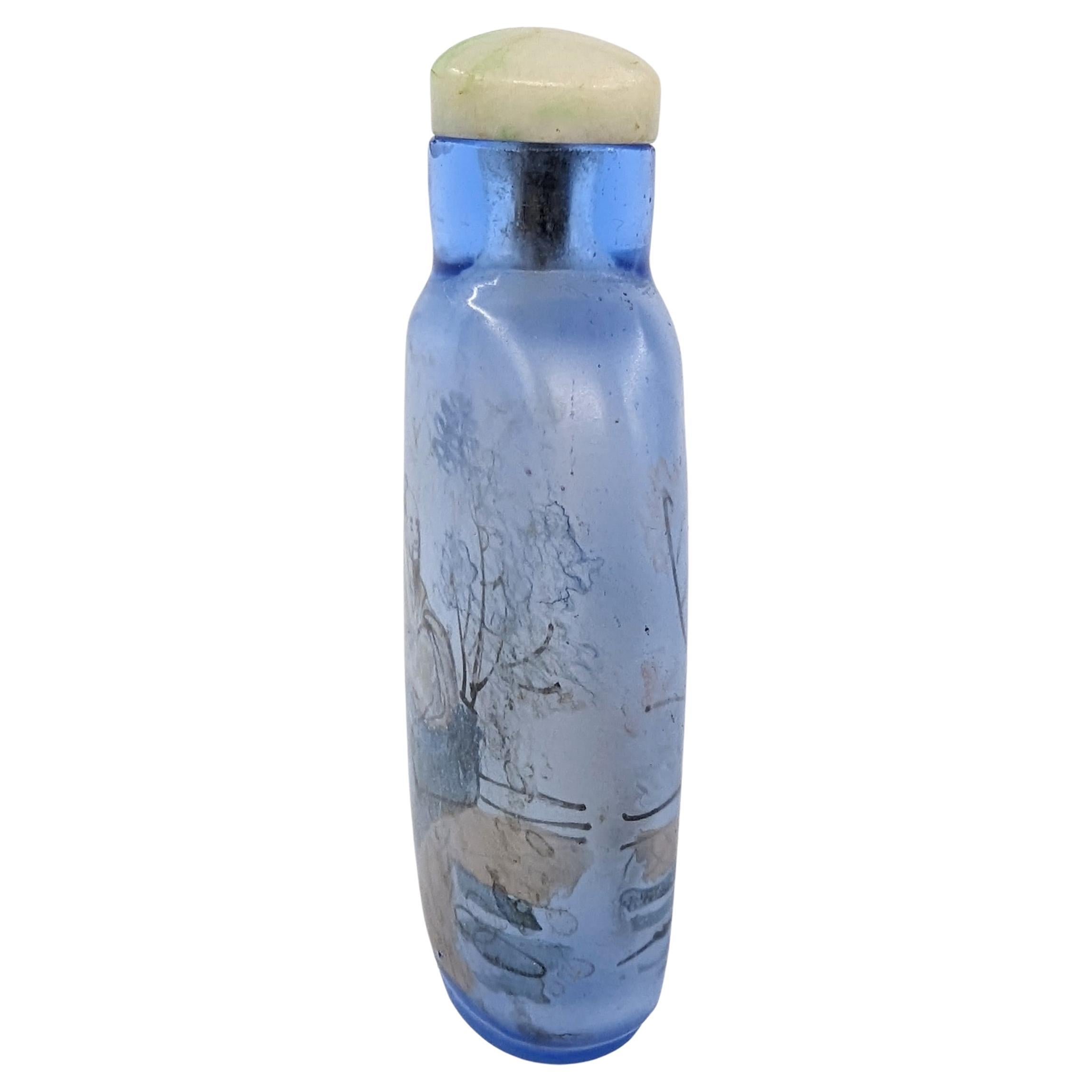 Women's or Men's Antique Chinese Inside Painted Blue Glass Snuff Bottle Republic 19-20c IPSB For Sale
