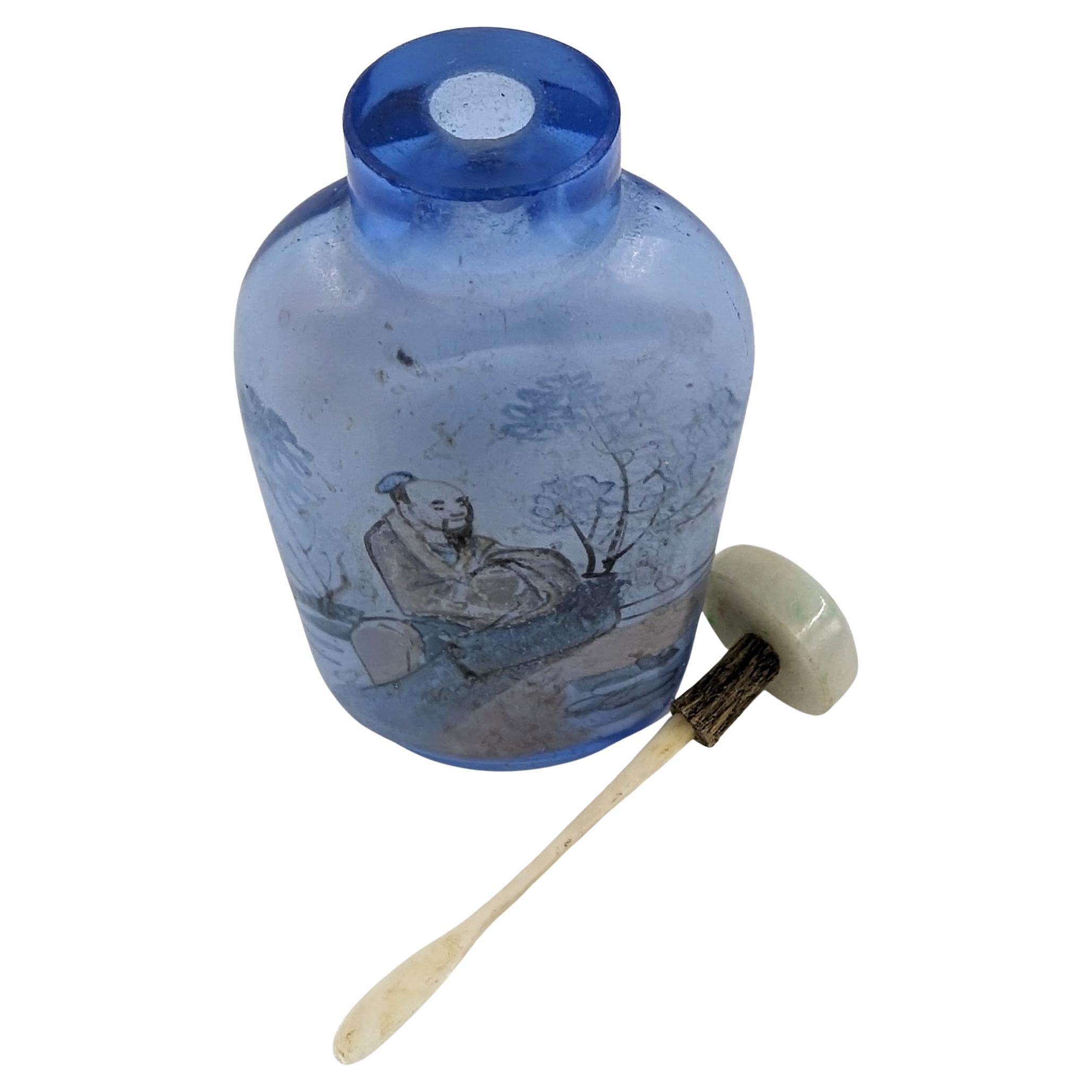 Antique Chinese Inside Painted Blue Glass Snuff Bottle Republic 19-20c IPSB For Sale 3
