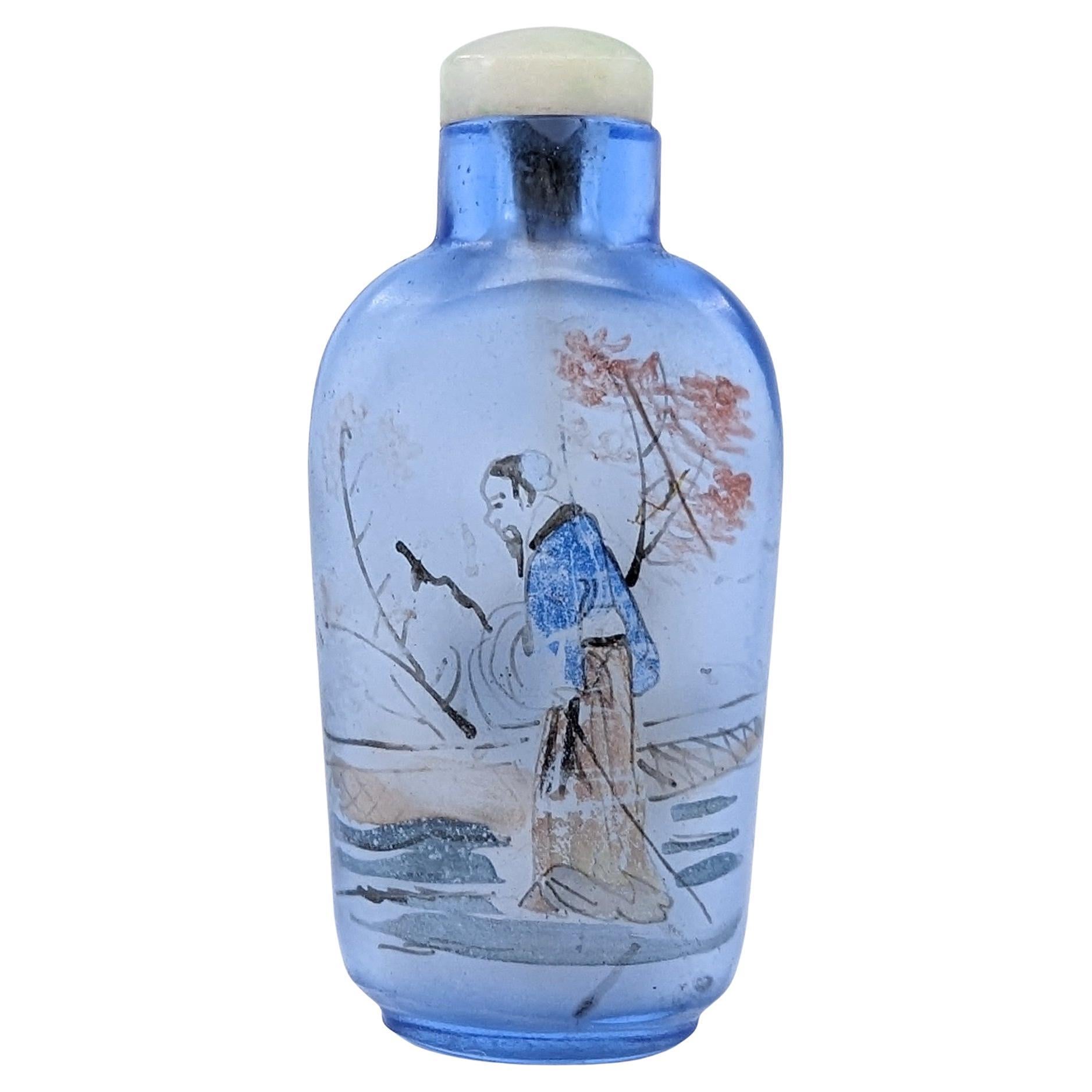 Antike chinesische Schnupftabakflasche aus blauem Glas, im Innenraum bemalt, Republik 19-20c IPSB