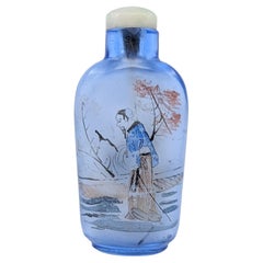 Antike chinesische Schnupftabakflasche aus blauem Glas, im Innenraum bemalt, Republik 19-20c IPSB