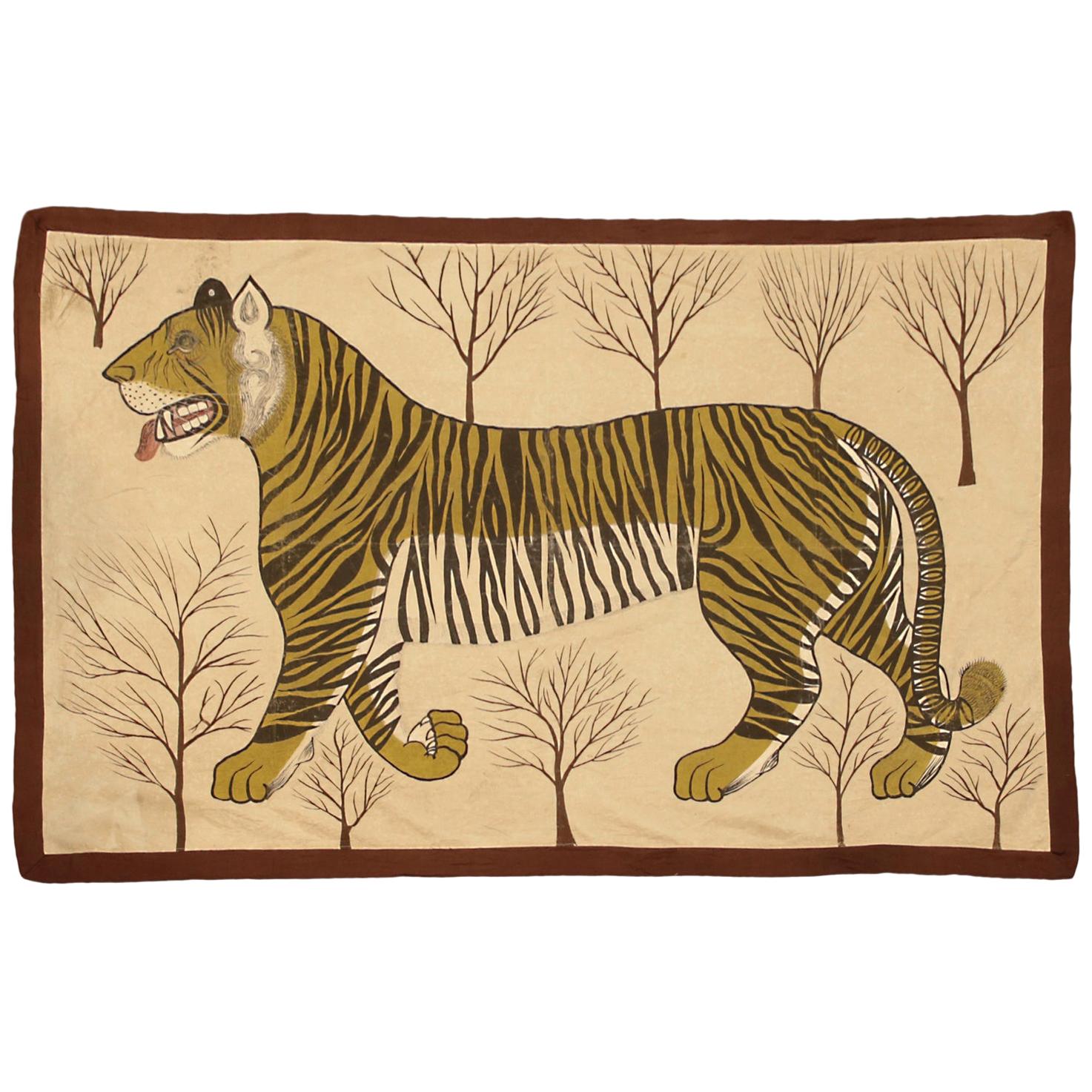 Antique Chinese Ivory Silk Tiger Textile, ca. 1900