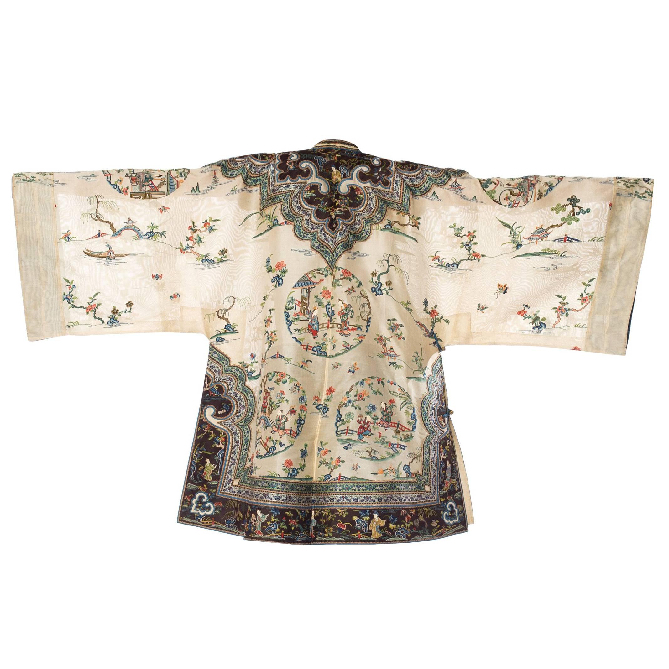 Antique Chinese Kimono Style Jacket Hand Embroidered with Floral Motifs