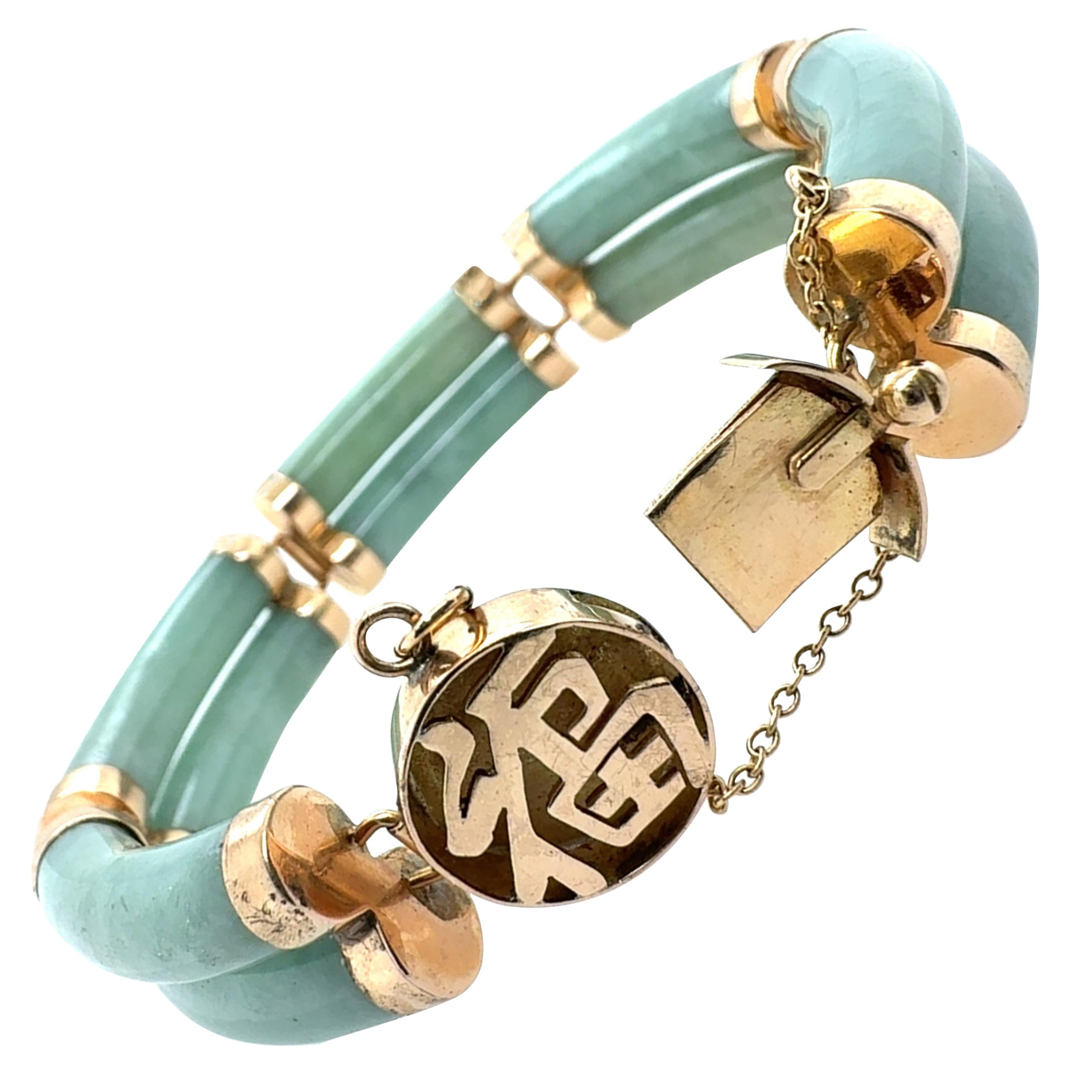 Bracelet ancien en jade chinois et or 14K avec chaîne de sécurité 7.25 pouces