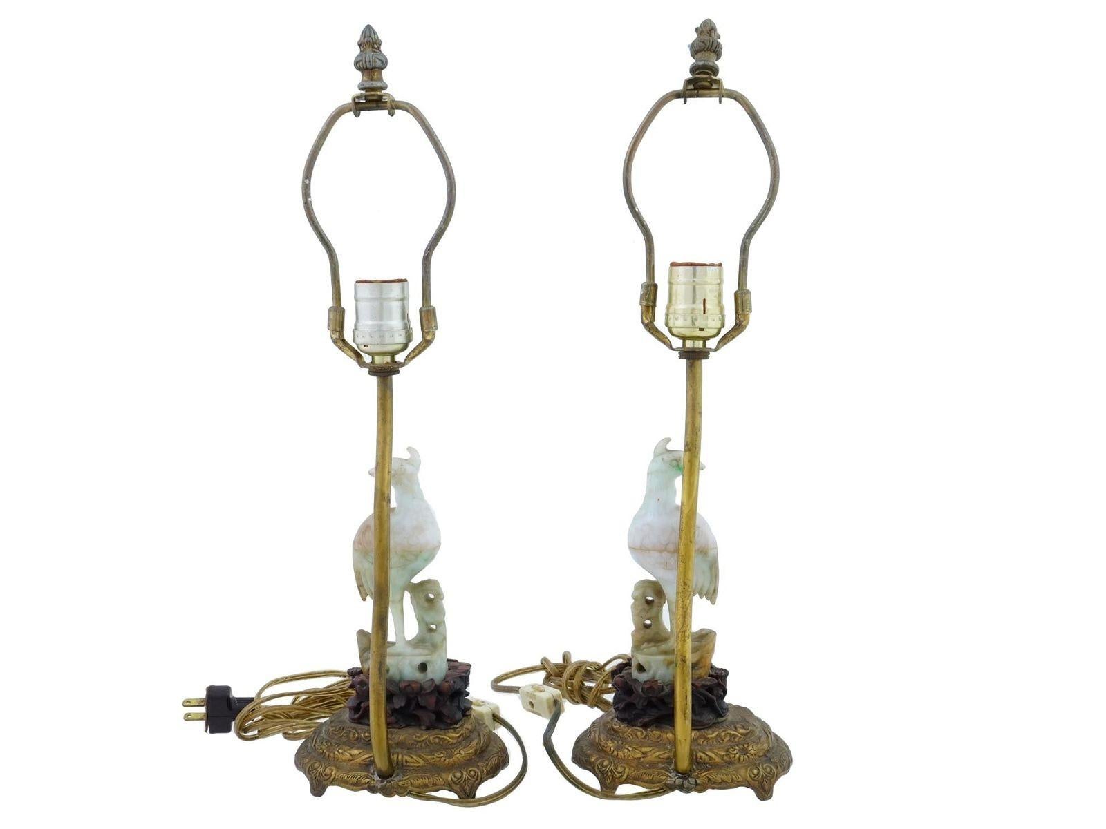 Antique Chinese Jade Bird Form Table Lamps In Good Condition For Sale In New York, NY