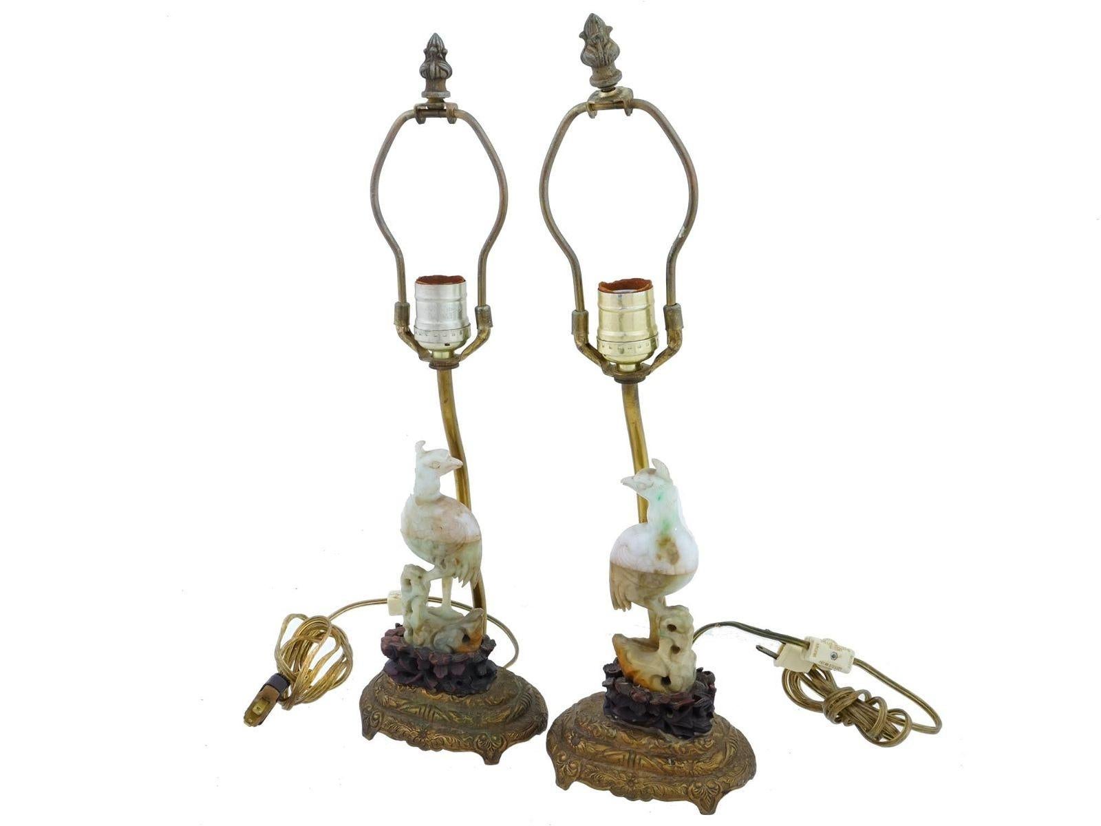 Antique Chinese Jade Bird Form Table Lamps For Sale 1