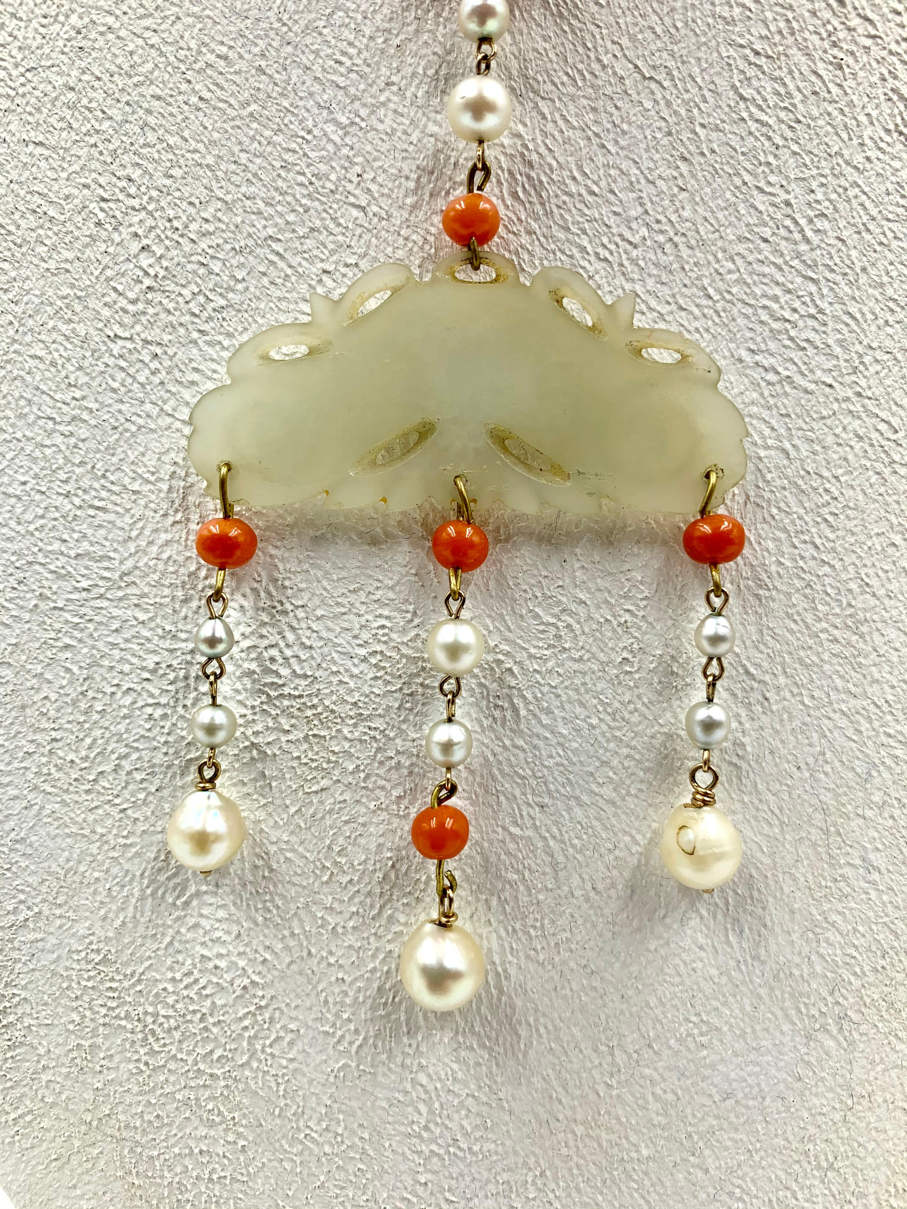 Bead Antique Late 19th Century Chinese Jade, Coral and Pearl Pendant Necklace For Sale