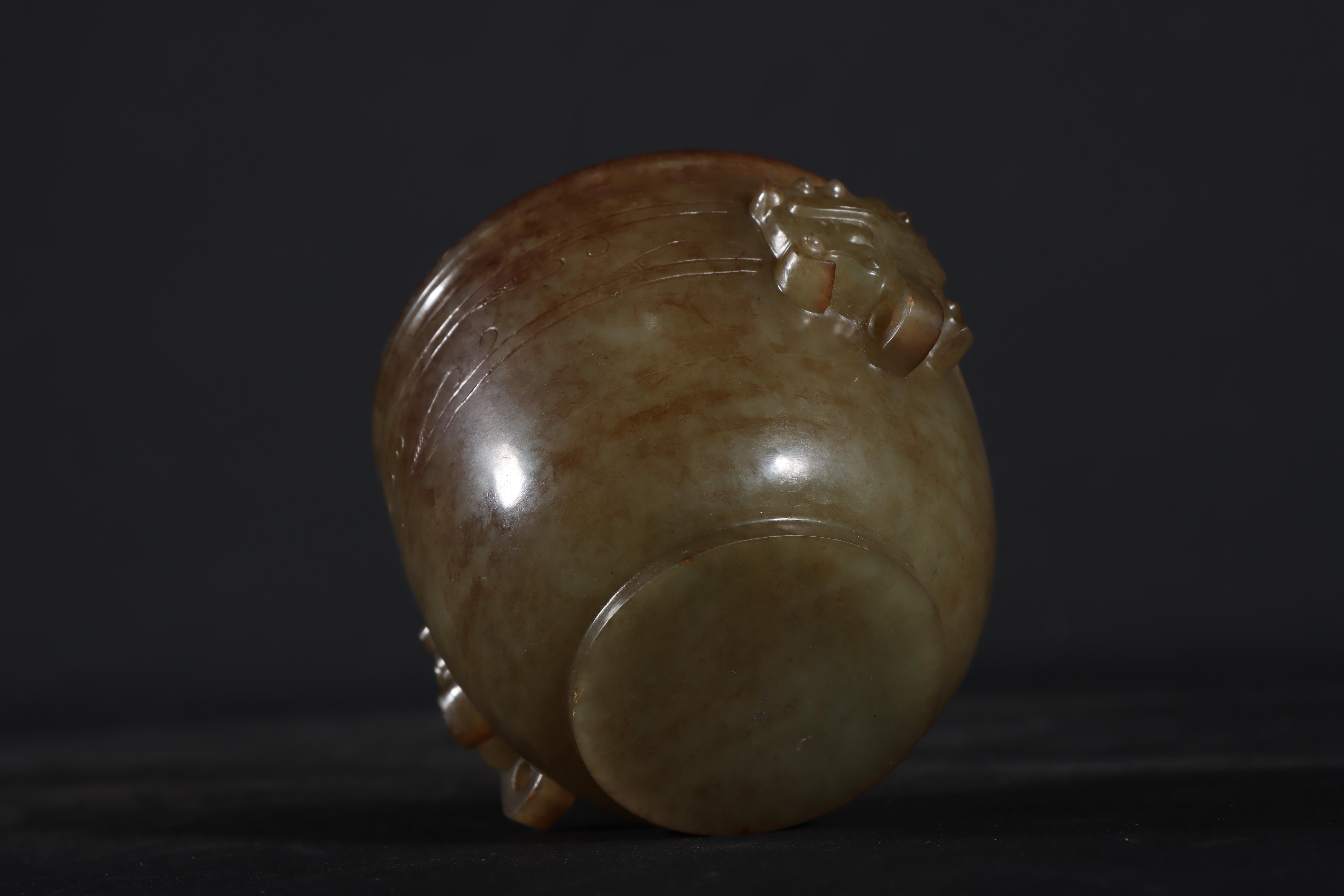 Antique Chinese Jade Cup Carved with Two Beast Head Ears 6