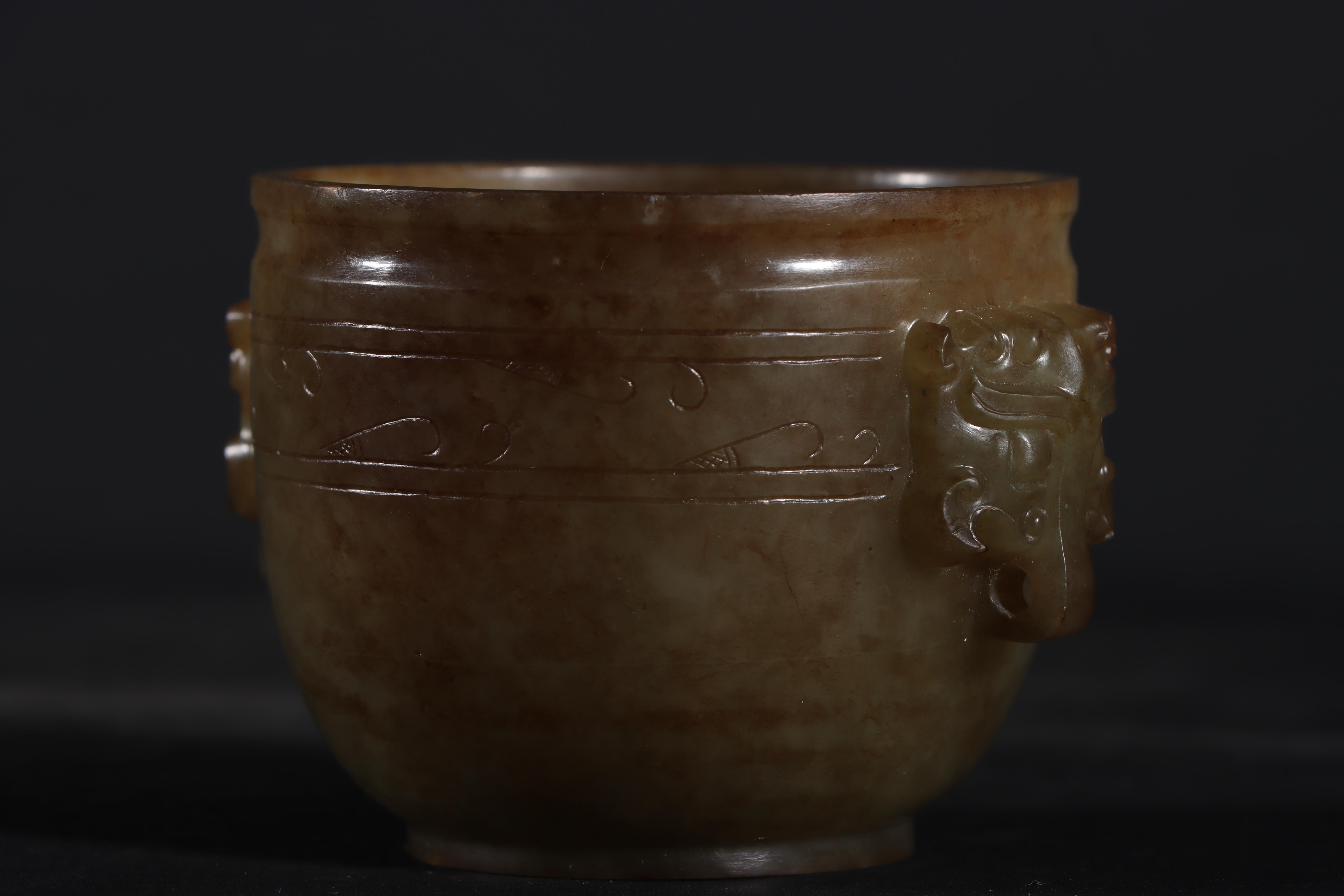 Antique Chinese Jade Cup Carved with Two Beast Head Ears 7