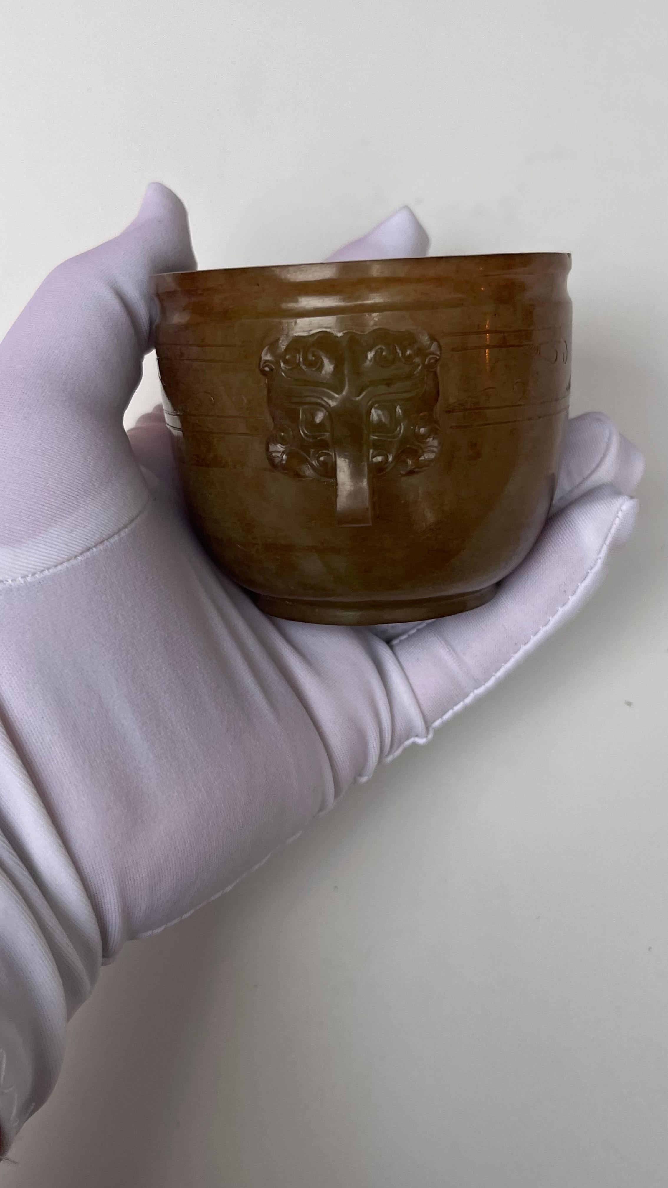 Antique Chinese Jade Cup Carved with Two Beast Head Ears 11