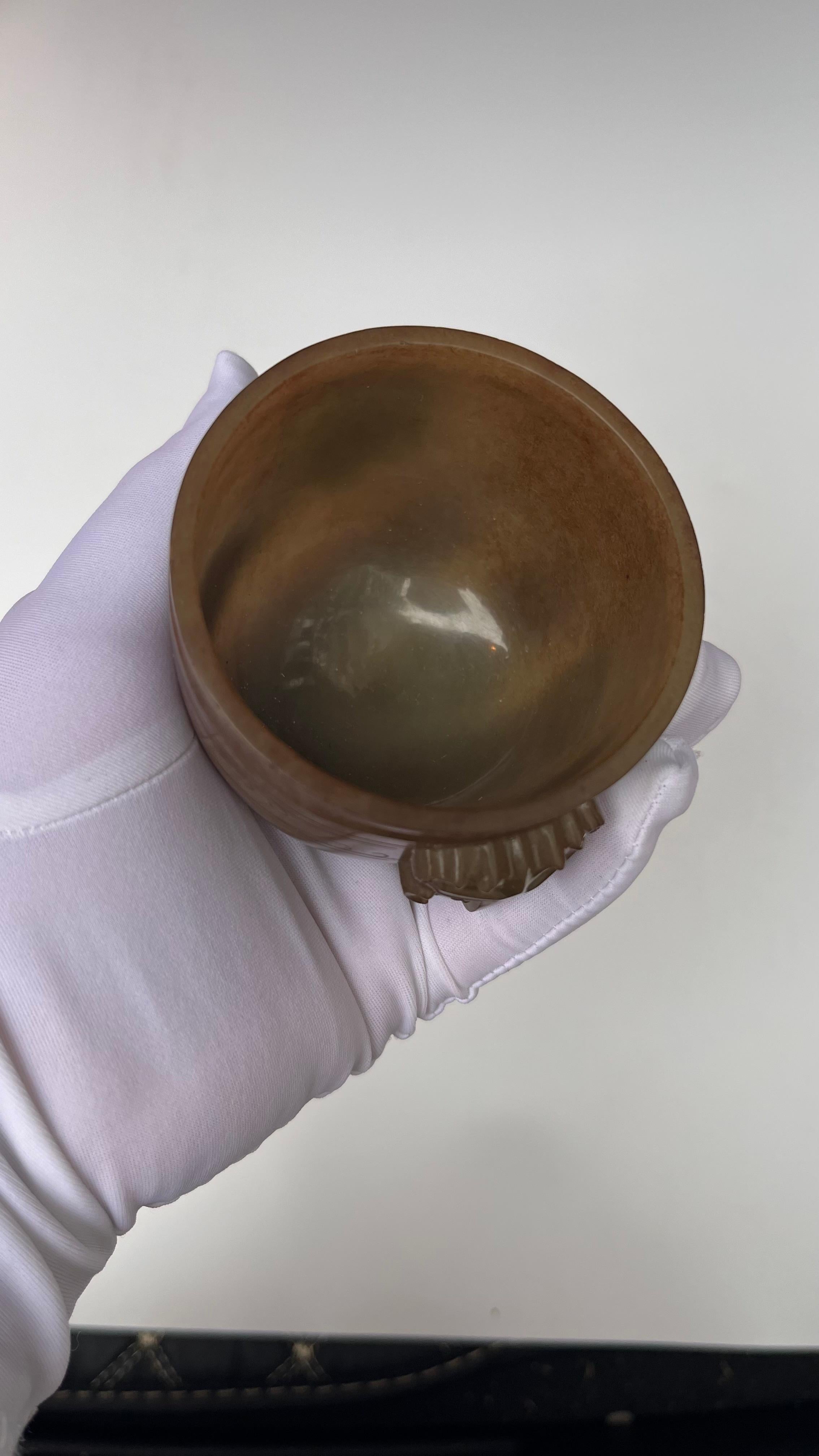 Antique Chinese Jade Cup Carved with Two Beast Head Ears 14