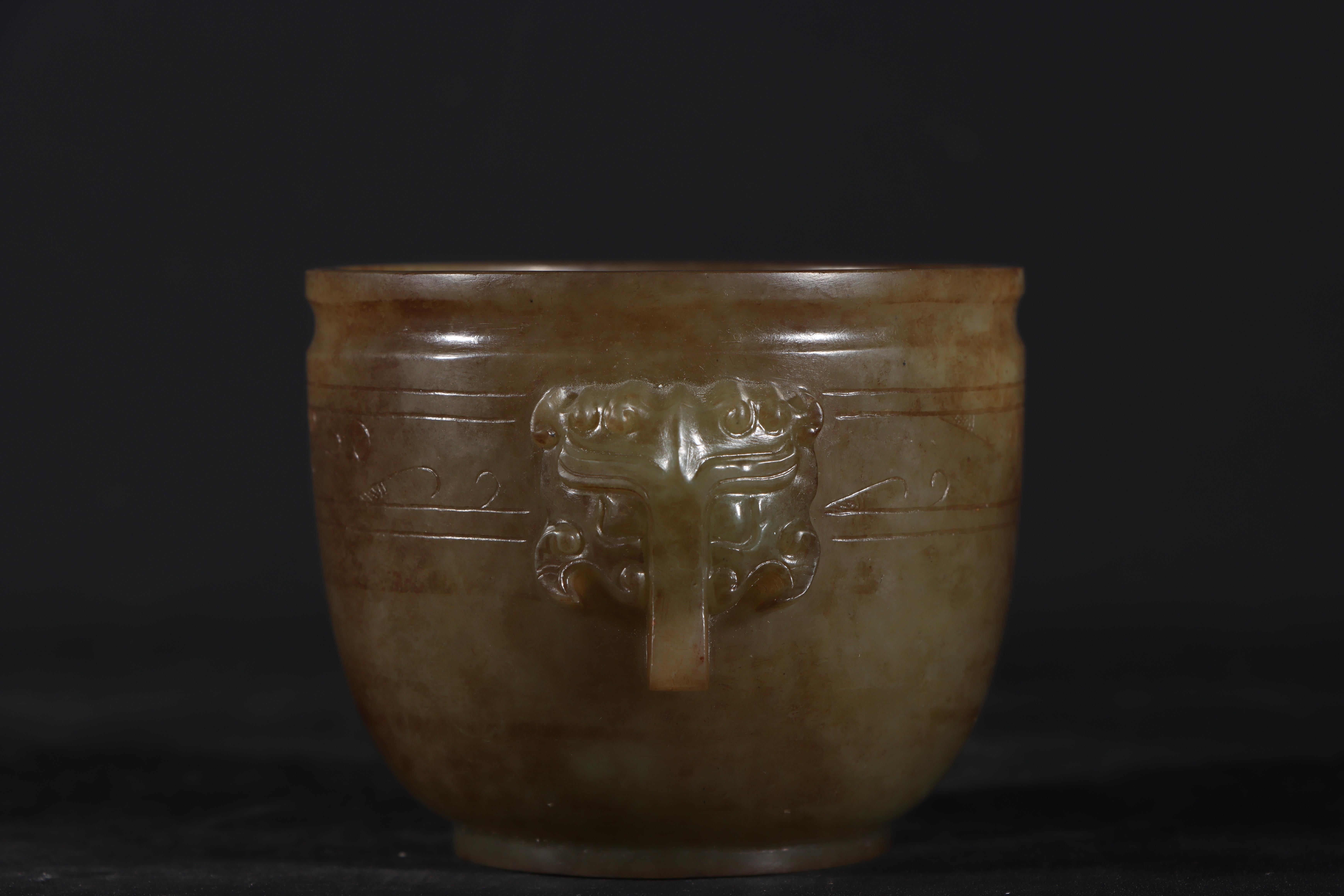 19th Century Antique Chinese Jade Cup Carved with Two Beast Head Ears